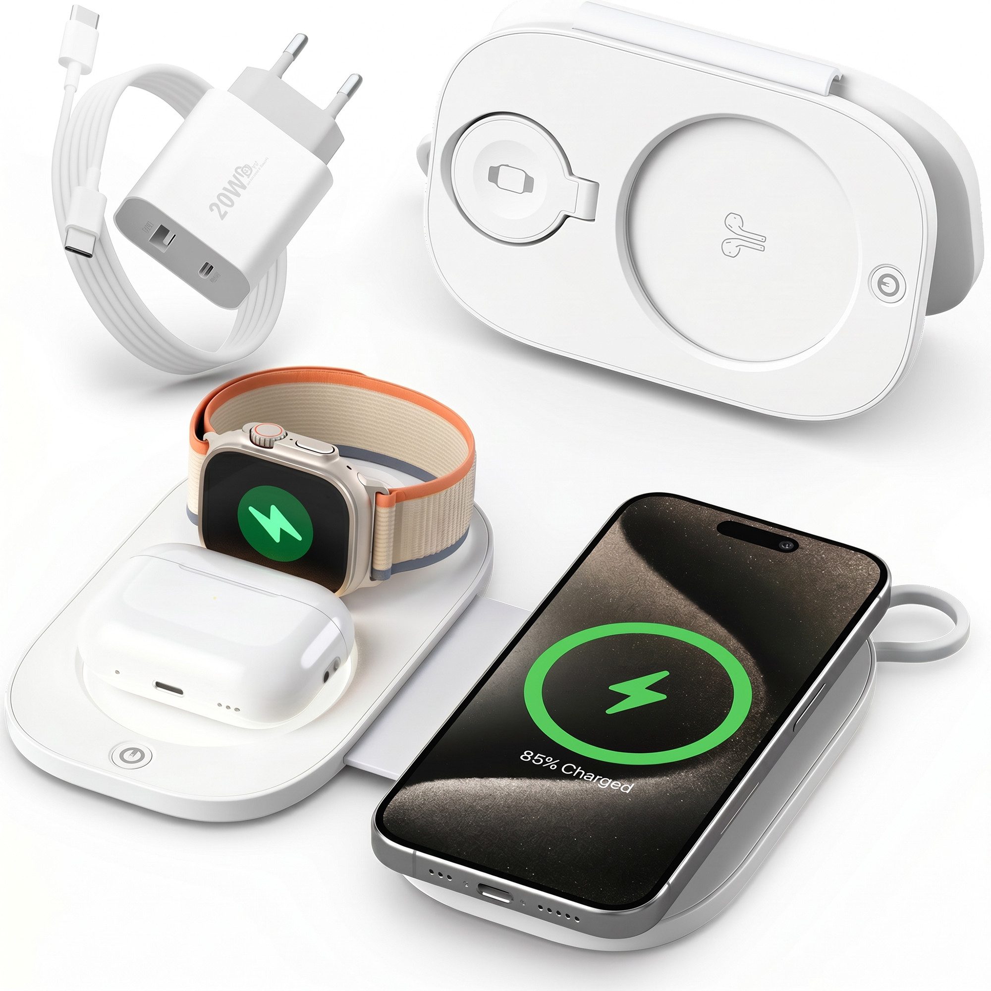 GreenHec Ladestation iPhone Apple Watch 3in1 LED MagSafe Wireless Charger Laden Wireless Charger (3000 mA, Spar-Set, 3in1 PowerBase + USB-C Kabel + 20w Dual Charger, 17 16 15 14 13 12 Pro Max Air Induktionsladegerät Kabellos Travel Base)