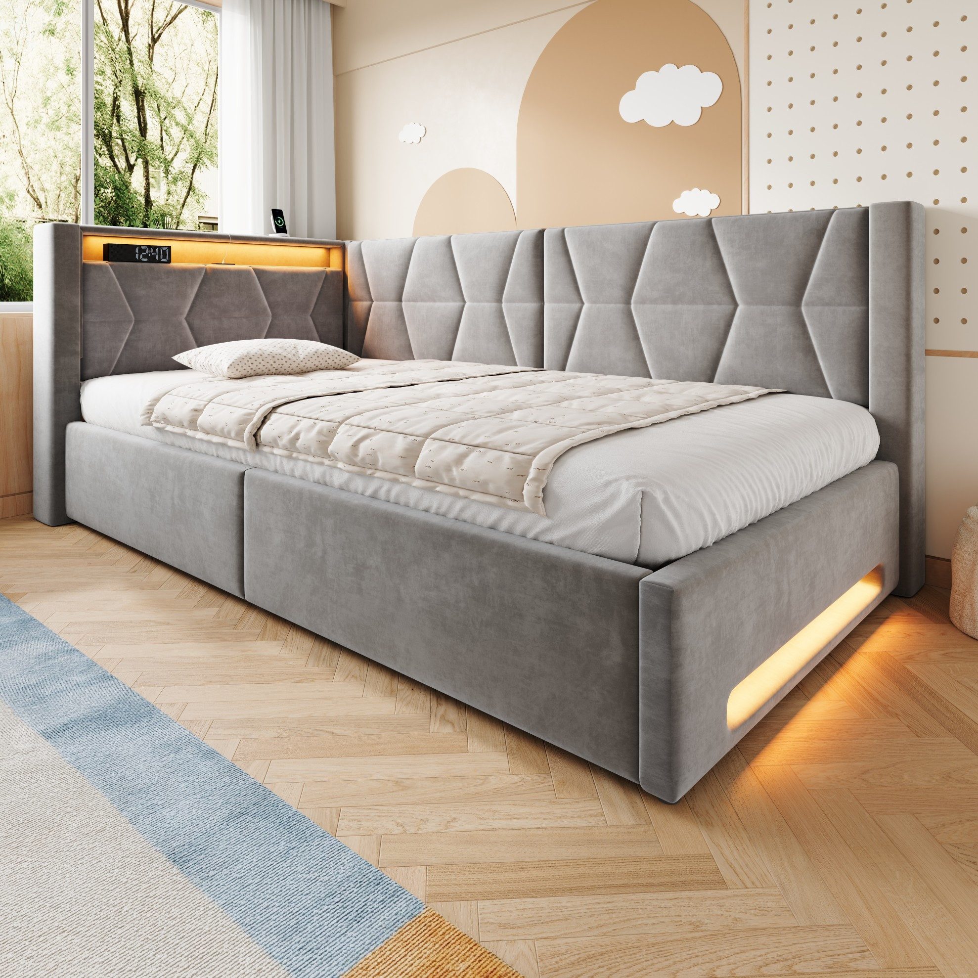 OKWISH Schlafsofa Polsterbett, mit Stauraum und Samtbezug, 140x200 cm Funktionsbett mit LED-Licht an Kopf- und Fußteil, USB-C Anschluss, hydraulischem Bettkasten und Lattenrost, ohne Matratze