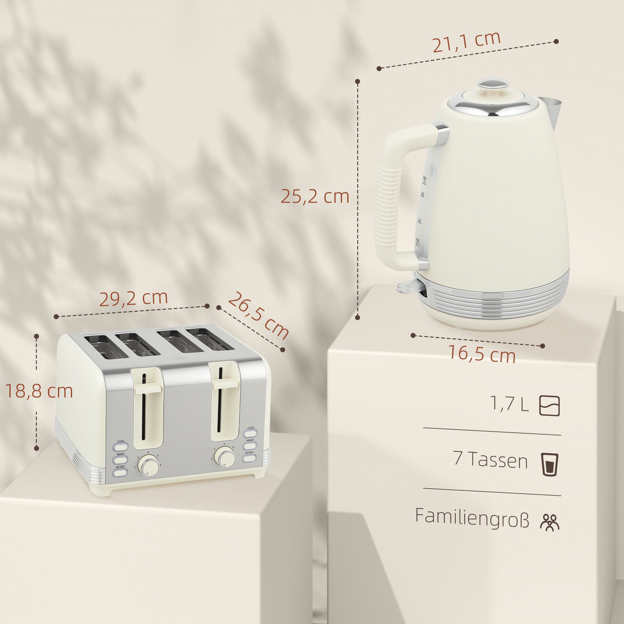 HOMCOM Toaster 1.7 Liter, Strix Thermostat, Filter, Kocher-Toaster-Set, für Frühstückszubereitung, 2200 W, 7 Bräunungsstufen, Krümelfach, Cremeweiß