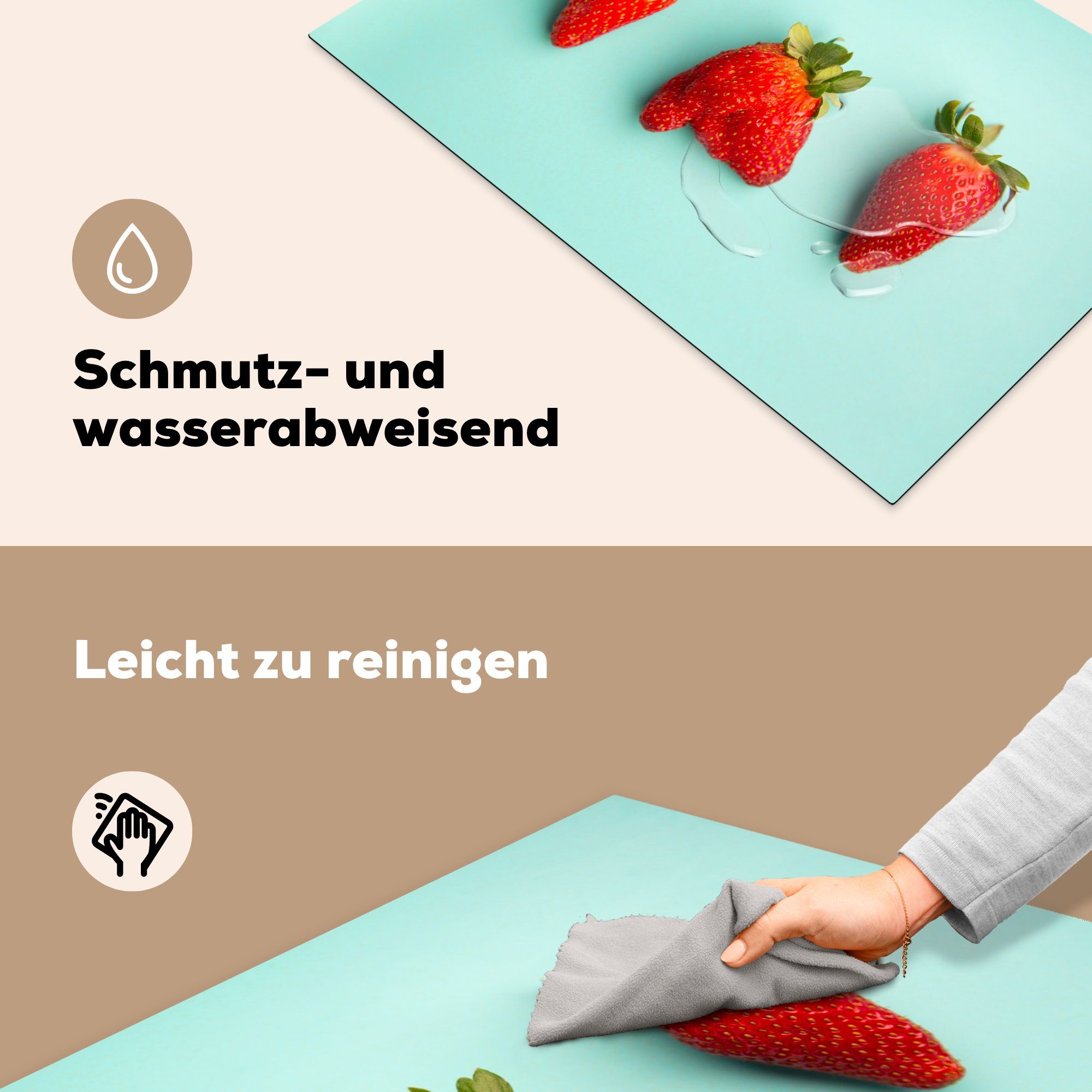 MuchoWow Herdblende-/Abdeckplatte Erdbeere Vinyl, - die Pastell für - (1 81x52 tlg), Ceranfeldabdeckung Schutz küche, Induktionskochfeld cm, Blau
