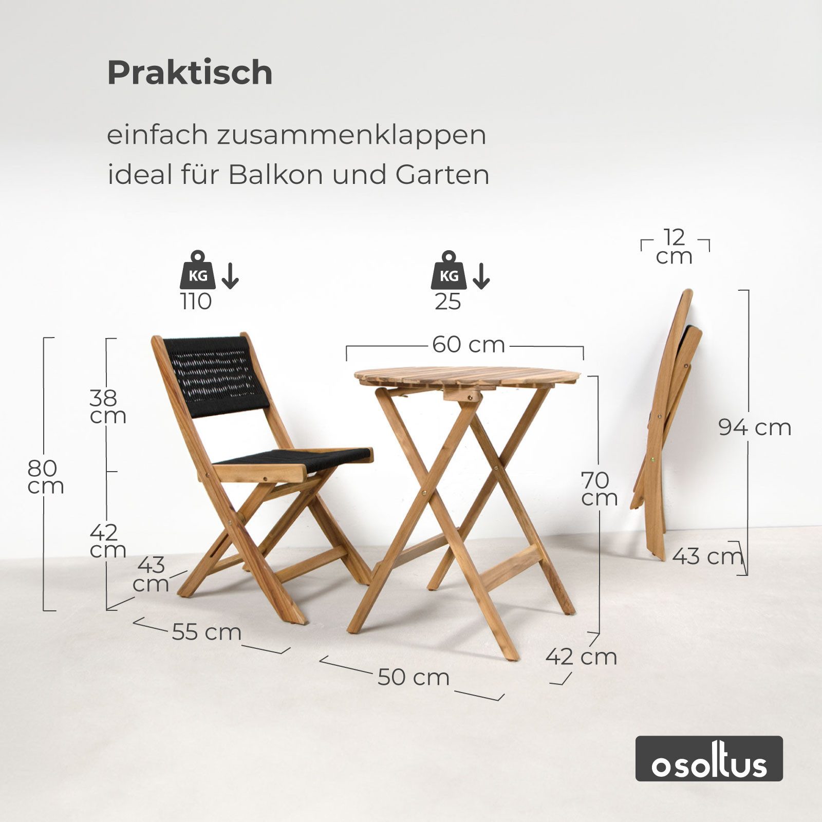 SenS-Line Klappstuhl osoltus Sitzgruppe Holz für Balkon, Bistrotisch mit 2 Stühlen