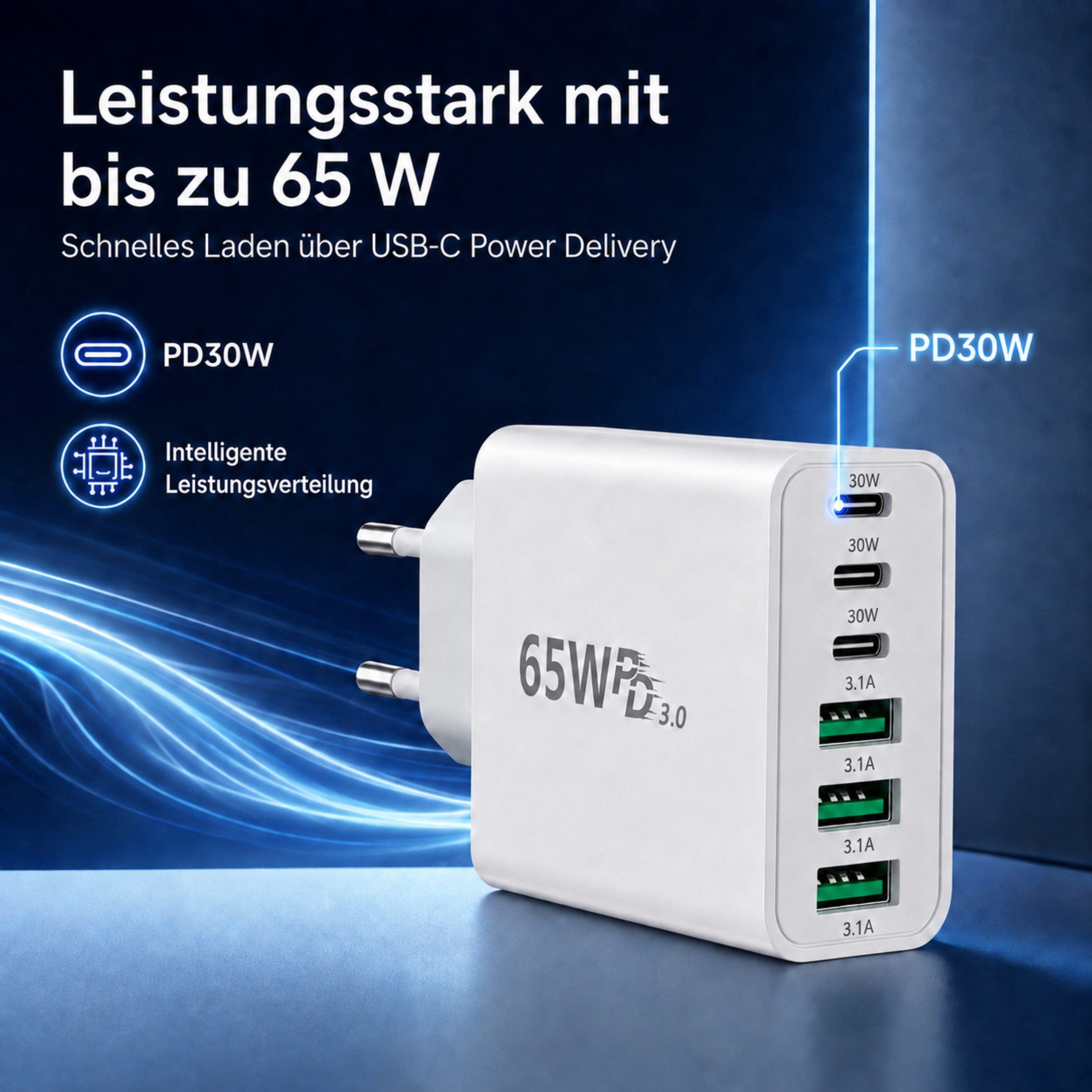 PlugUp 65W Ladegerät 6-Port 30W Schnellladeadapter mit USB-C Ladekabel USB-Ladegerät (3100 mA, Set, Inkl. USB-C Ladekabel, Universelles Schnellladegerät mit USB – Bild 3 von 5