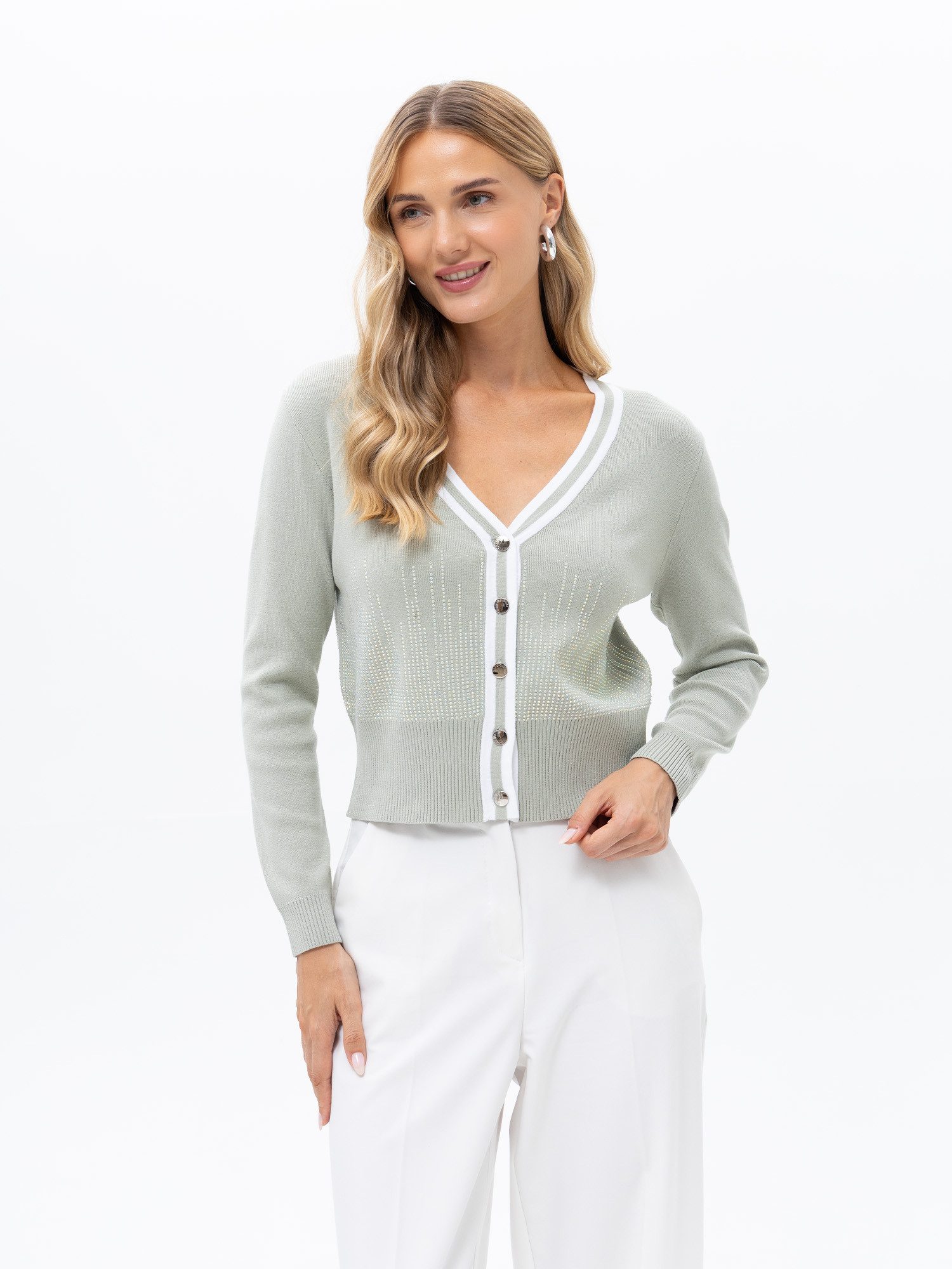 Passioni Cardigan in Olivgrün mit Glitzersteinen Grüner Cardigan mit schönen Glitzersteinen und edlen Knöpfen