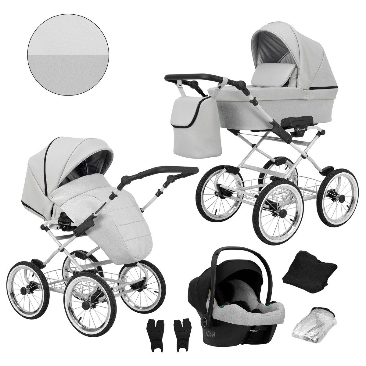 KUNERT Kombi-Kinderwagen Romantic 3-in-1 Öko-Leder Kinderwagen mit Cosmo Autositz, Große Tragewanne, stabiler Stahlrahmen, aufblasbare Räder