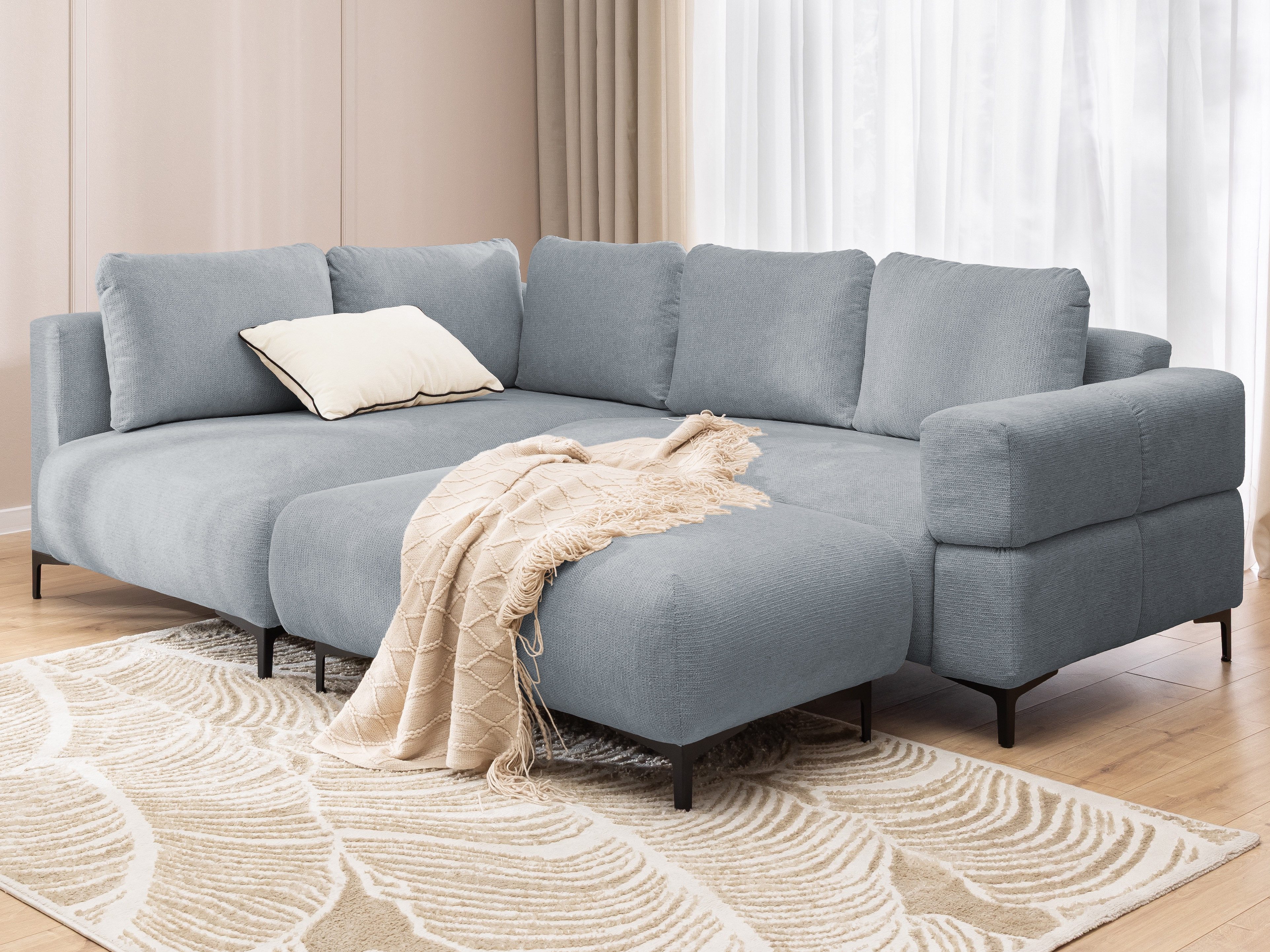 S-Style Möbel Ecksofa und Hocker Cardea mit Schlaffunktion in Bubble-Optik, aus weichem Strukturstoff, mit Wellenfederung