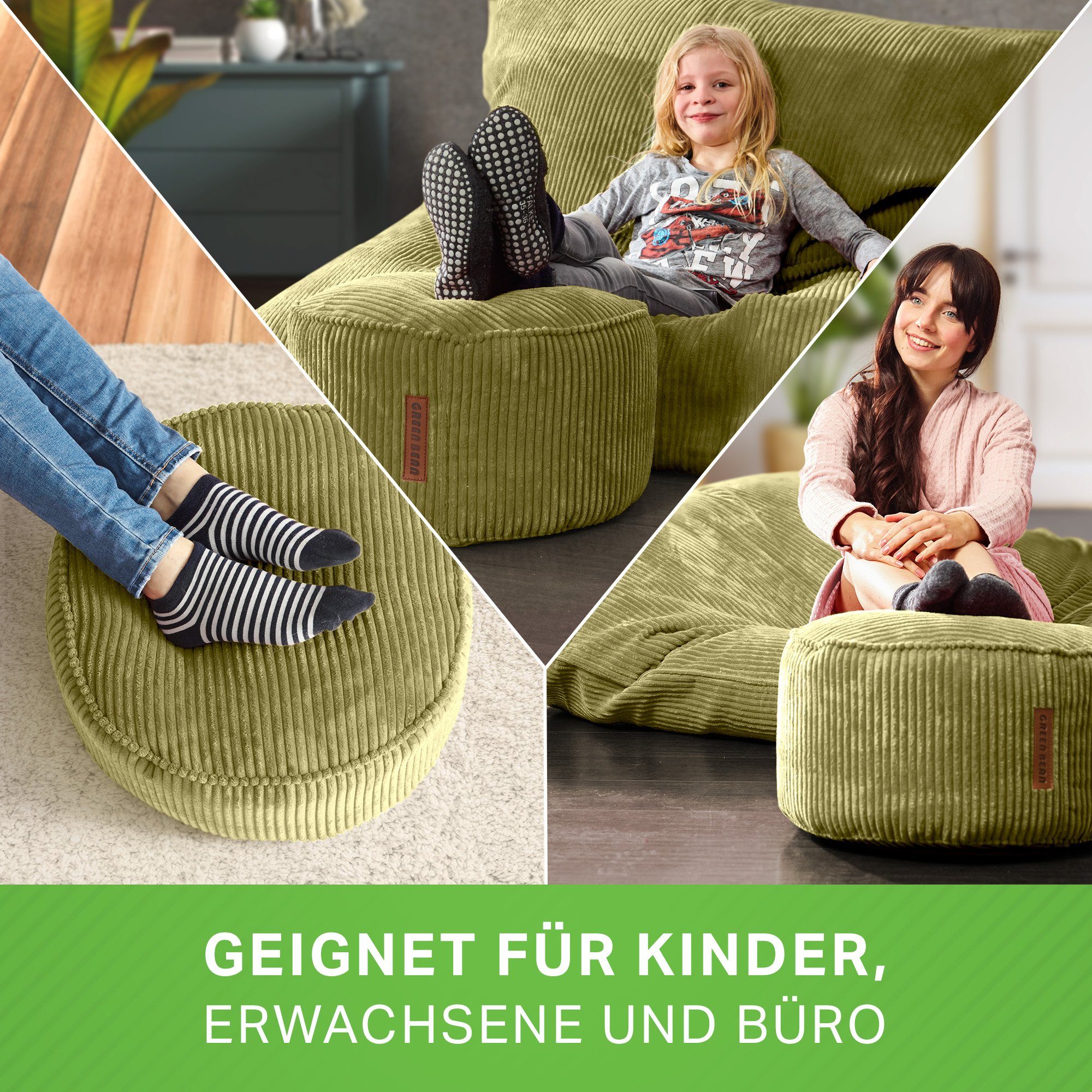 x 25 cm, Cord Sitzkissen Relax-Sessel Bean Green Pouf Sitzhocker Grün 45 Sitzhocker Pouf Indoor