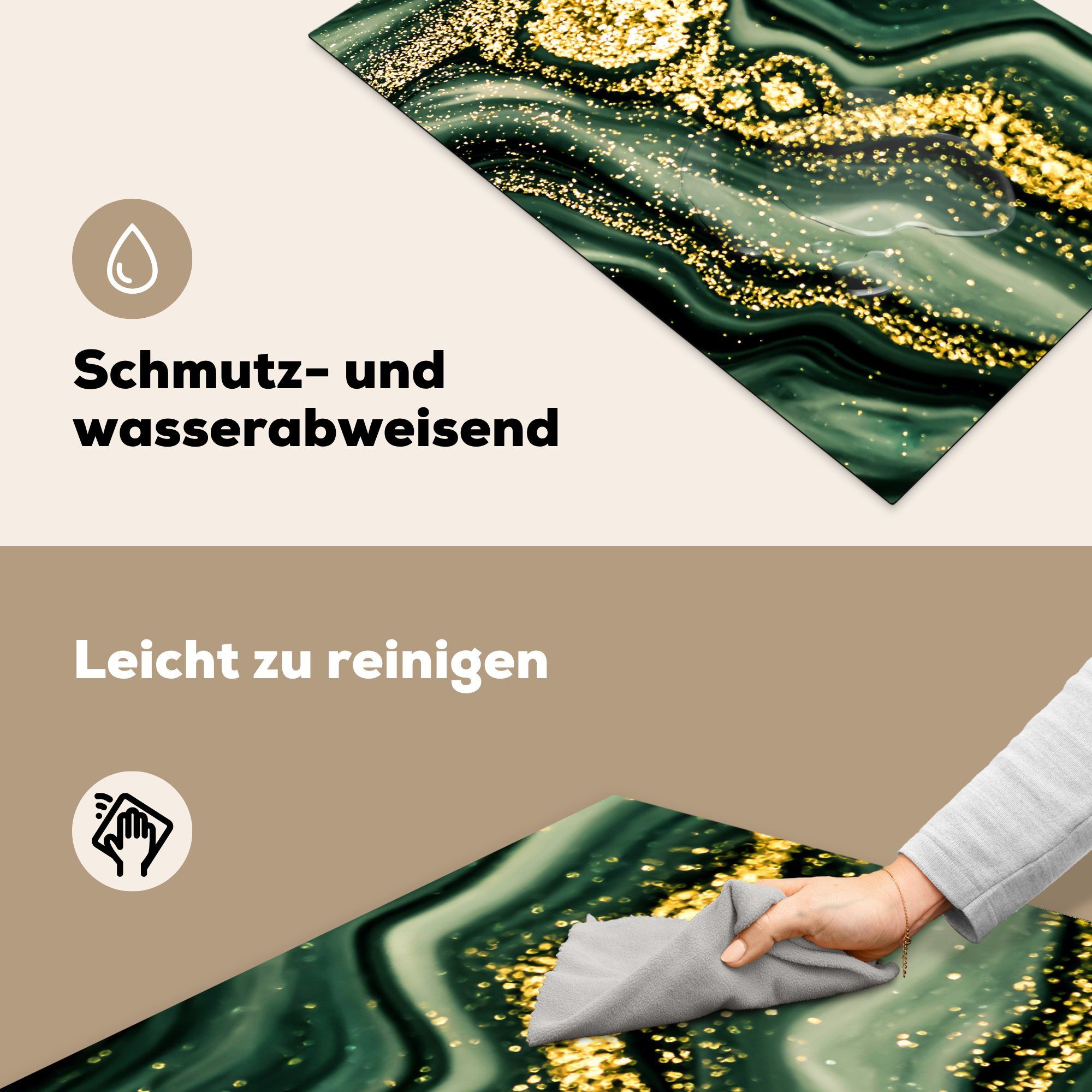 tlg), Ceranfeldabdeckung Vinyl, - Glitter Marmor MuchoWow 81x52 die für Luxus, Grün - Herdblende-/Abdeckplatte (1 - cm, küche, - Schutz Gold - Induktionskochfeld Marmoroptik