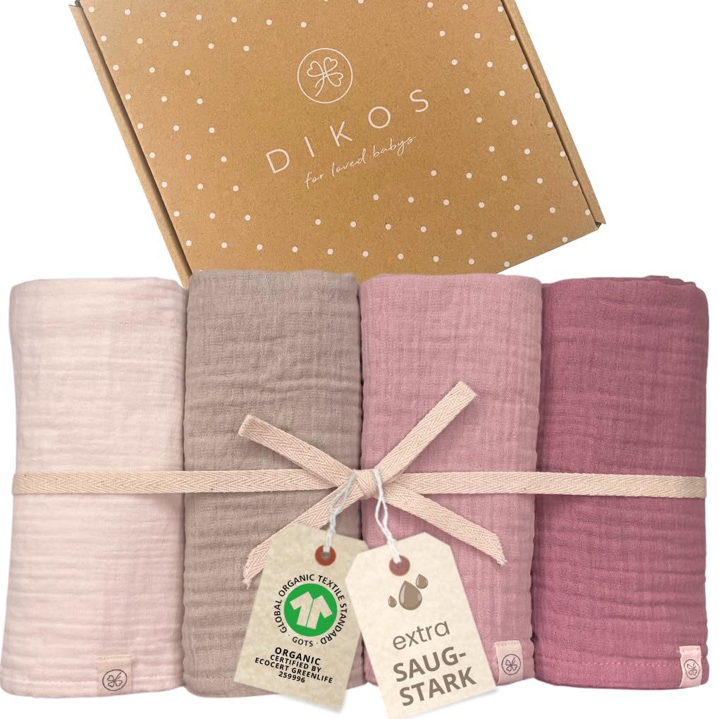 Babydecke Spucktücher, Mulltücher 4er-SET, 64x64 100% GOTS BIO-Baumwolle, DIKOS, PREMIUM Qualität atmungsaktiv, nachhaltig, plastikfrei, kuschelweich