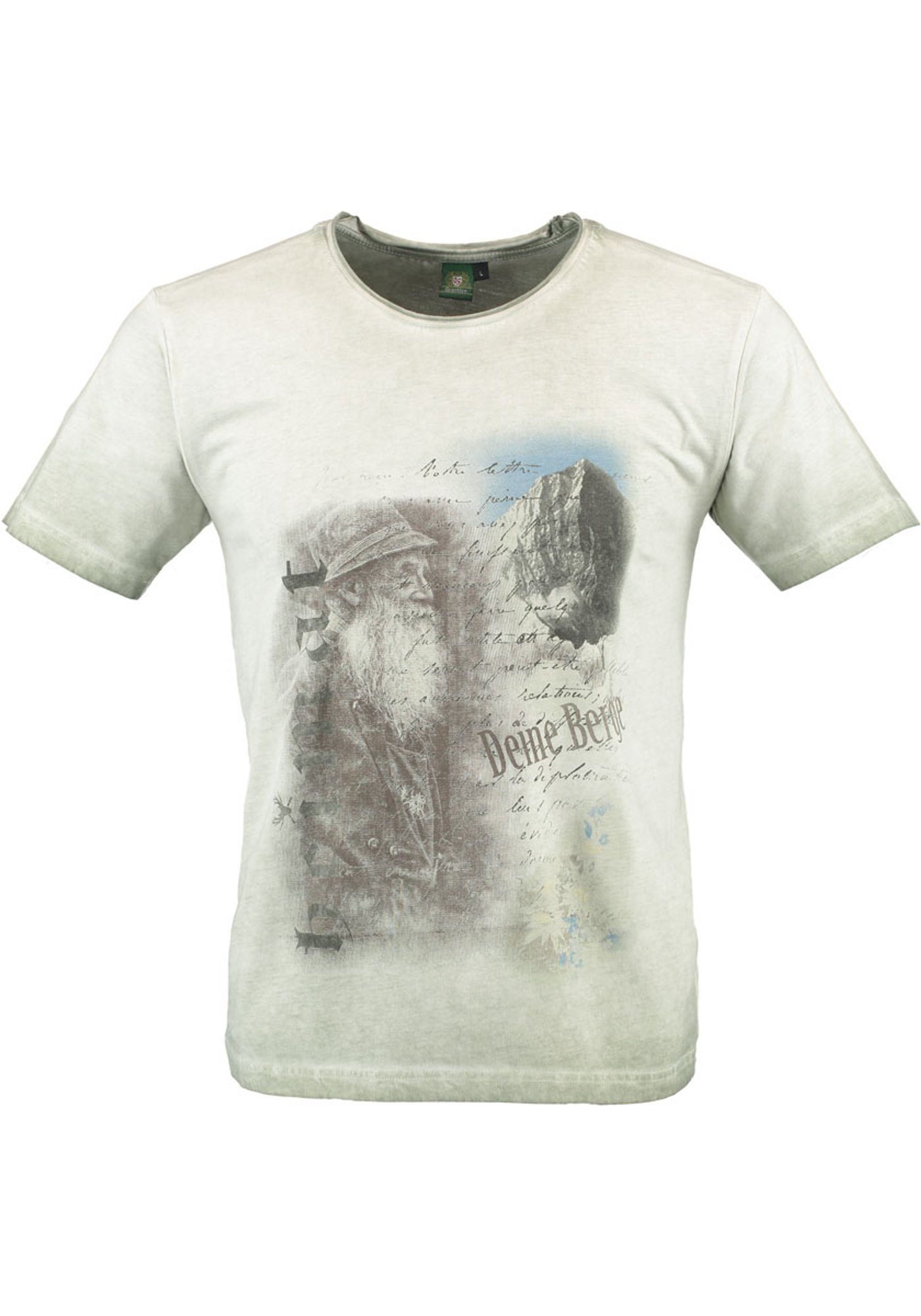 Kurzarm khaki/schlamm OS-Trachten Trachtenshirt mit Praiol T-Shirt Motivdruck