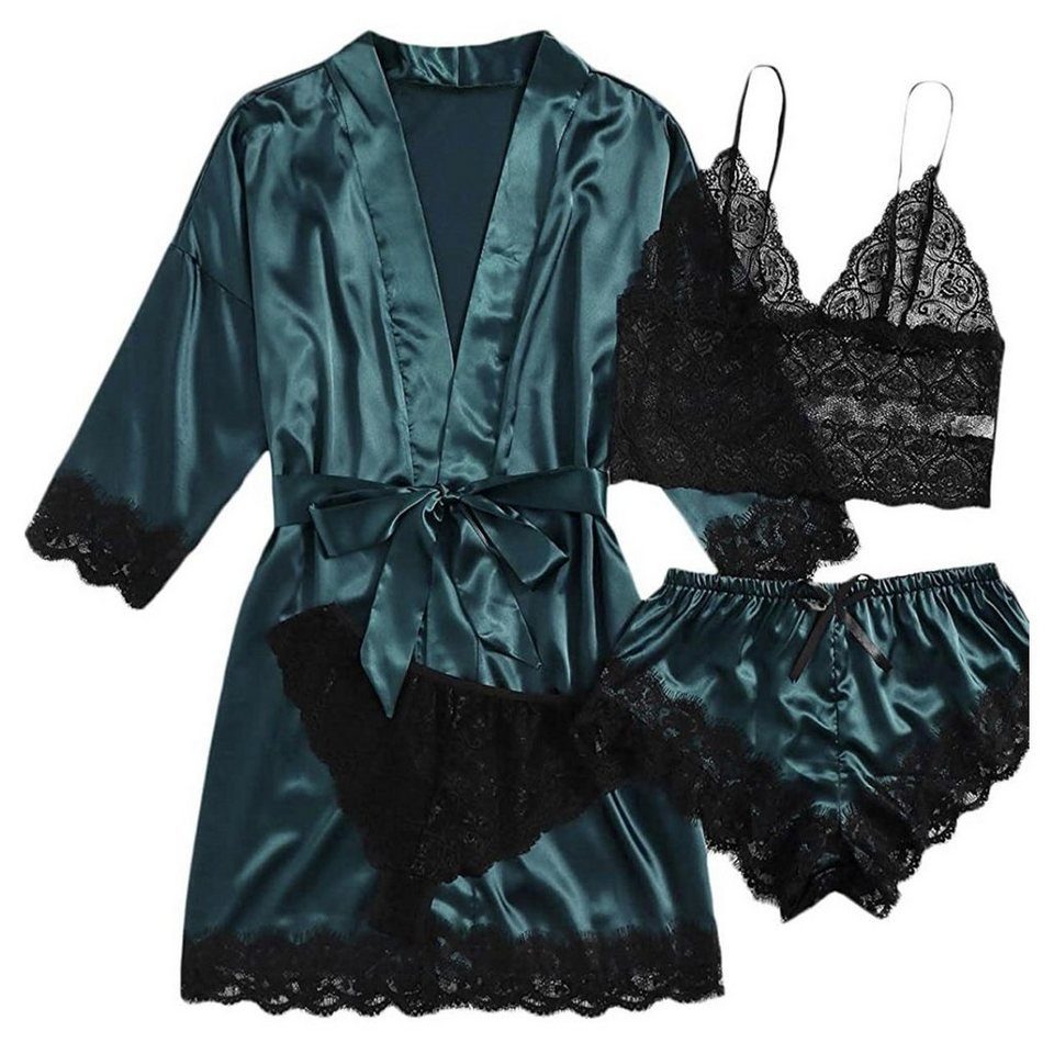 Daisred Pyjama 4 Teiliges Schlafanzüge Sexy Spitze Lace Set für Damen Grün