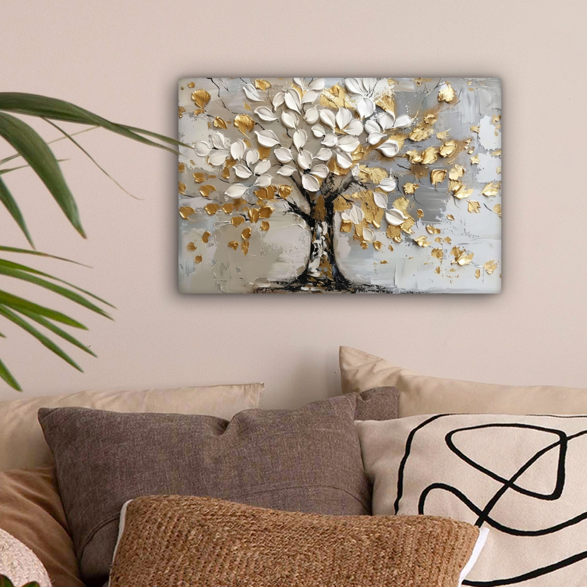 OneMillionCanvasses® Leinwandbild Baum - Beige - Grau - Gold - Abstrakt, Fo günstig online kaufen