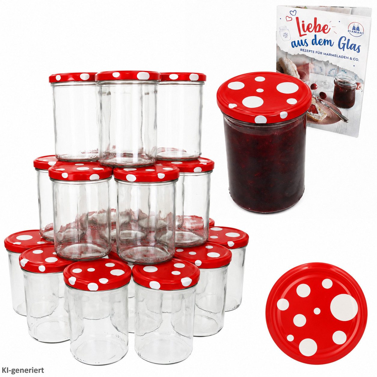 MamboCat Einmachglas 50er Set Sturzglas 435 ml To 82 Fliegenpilz Deckel rot weiß gepunktet, Glas
