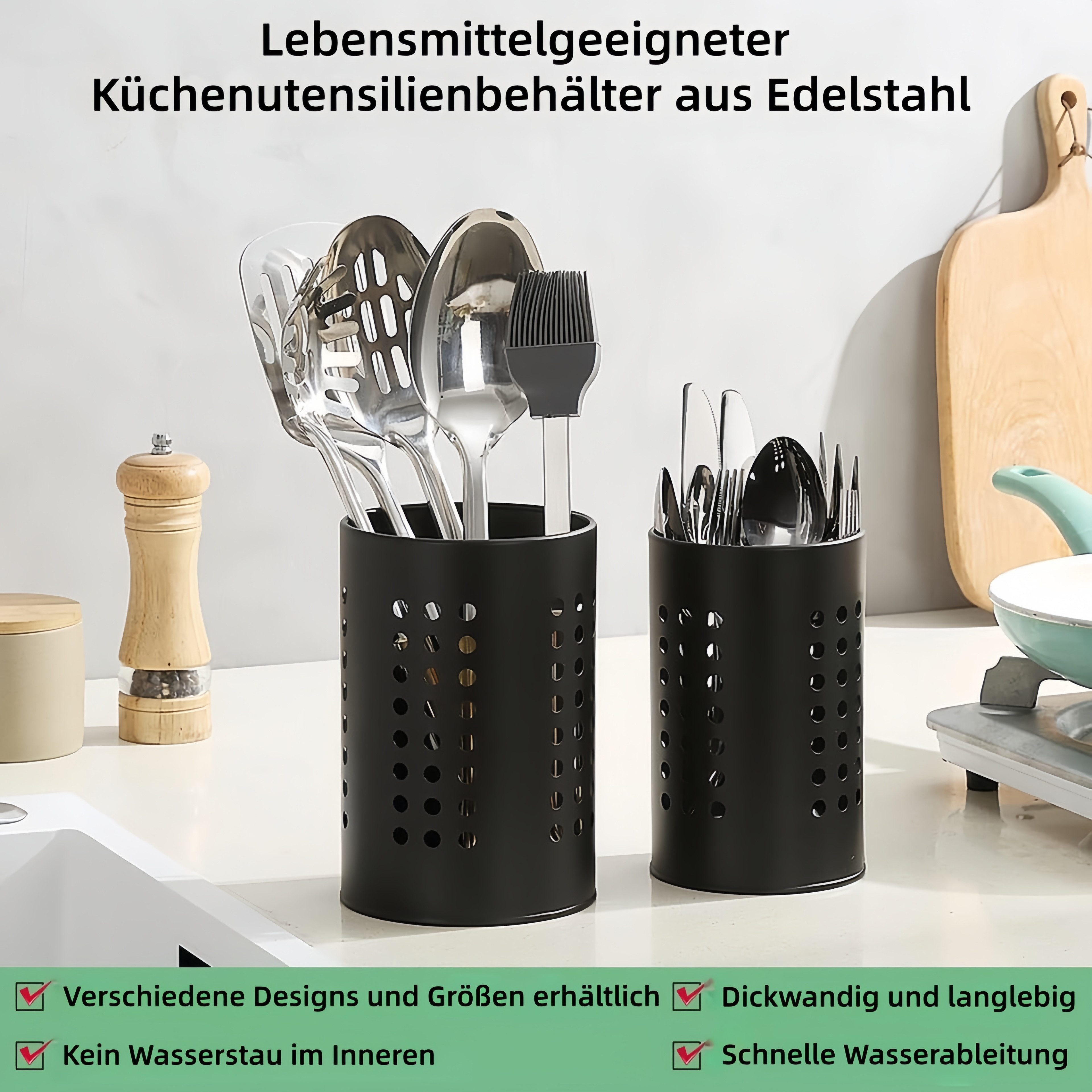 FOUORTUNATE-BEE Besteckhalter 2er Set Küchenutensilienhalter aus Edelstahl, für Arbeitsplatte, (2-tlg), Schwarzer Edelstahl Besteck- und Utensilienhalter 2er Set für Küche
