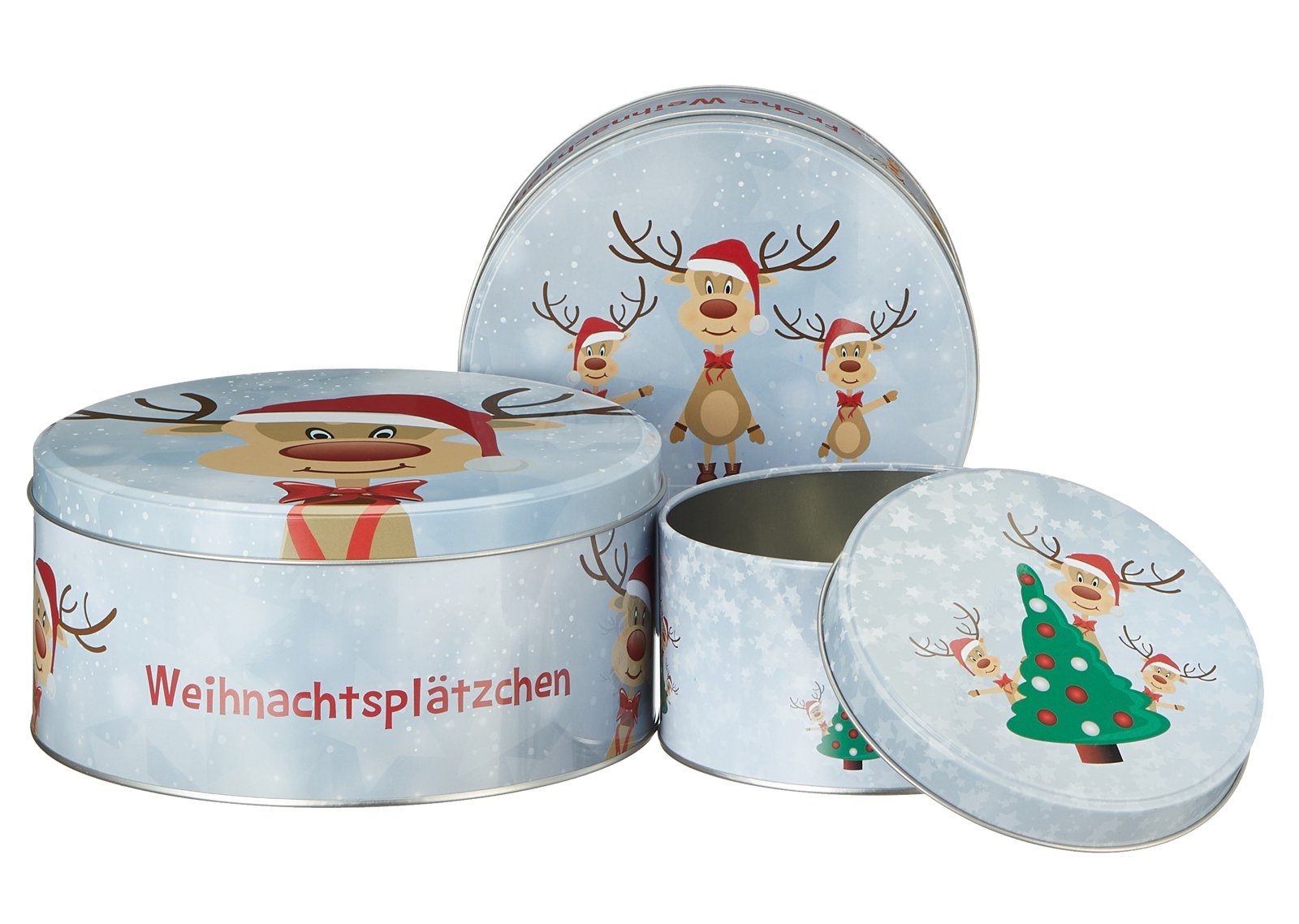 heimtexland Vorratsdose Plätzchendosen Gebäckdosen Aufbewahrung Metalldose, Metall, (Set, 3-tlg), Keksdose lebensmittelecht I luftdicht I Geschenk Weihnachten Red Nosed Rudolph