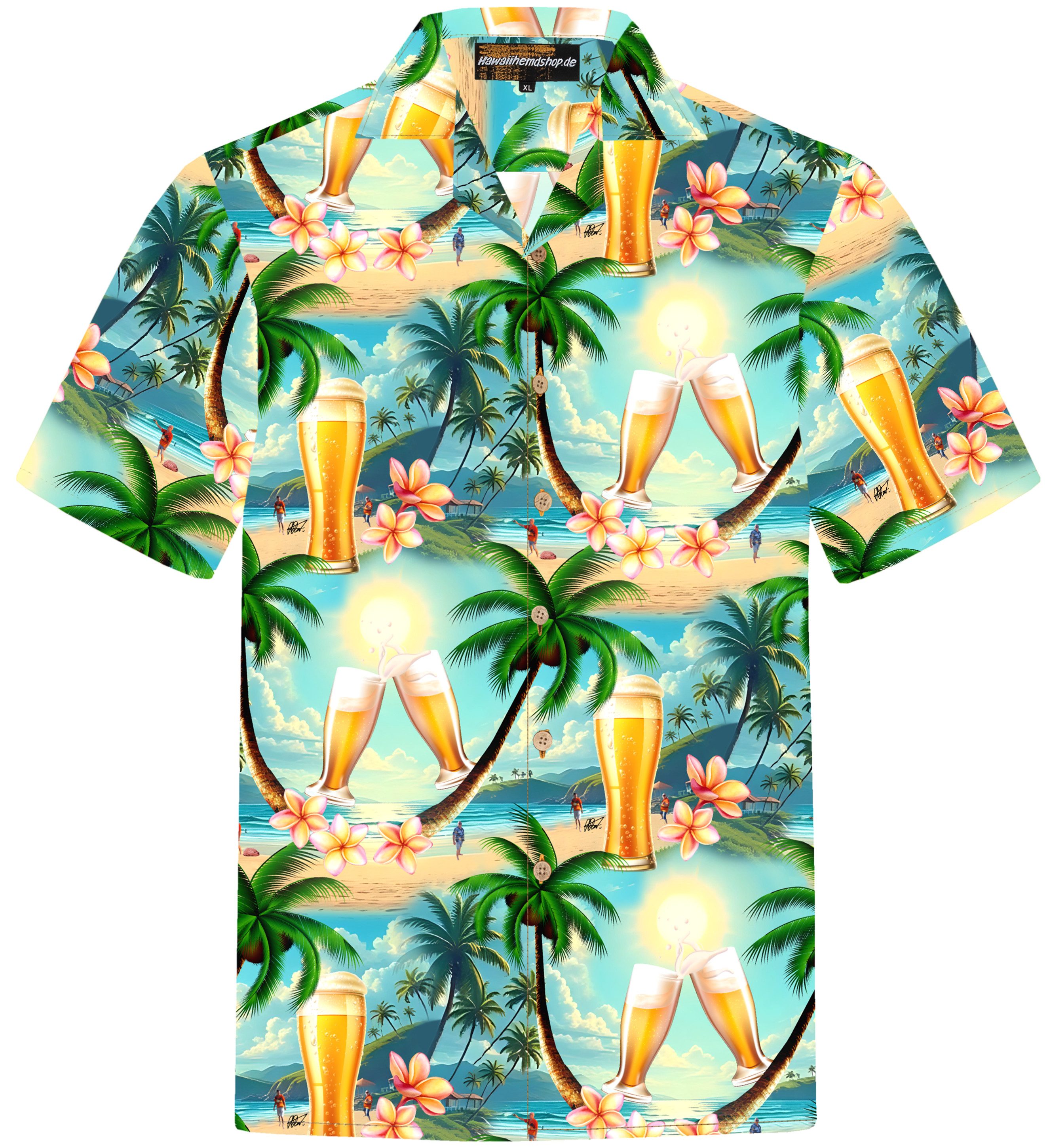 Hawaiihemdshop.de Hawaiihemd Hawaii Hemd Herren Baumwolle Kurzarm Hawaiihemd mit Palmen und Meer