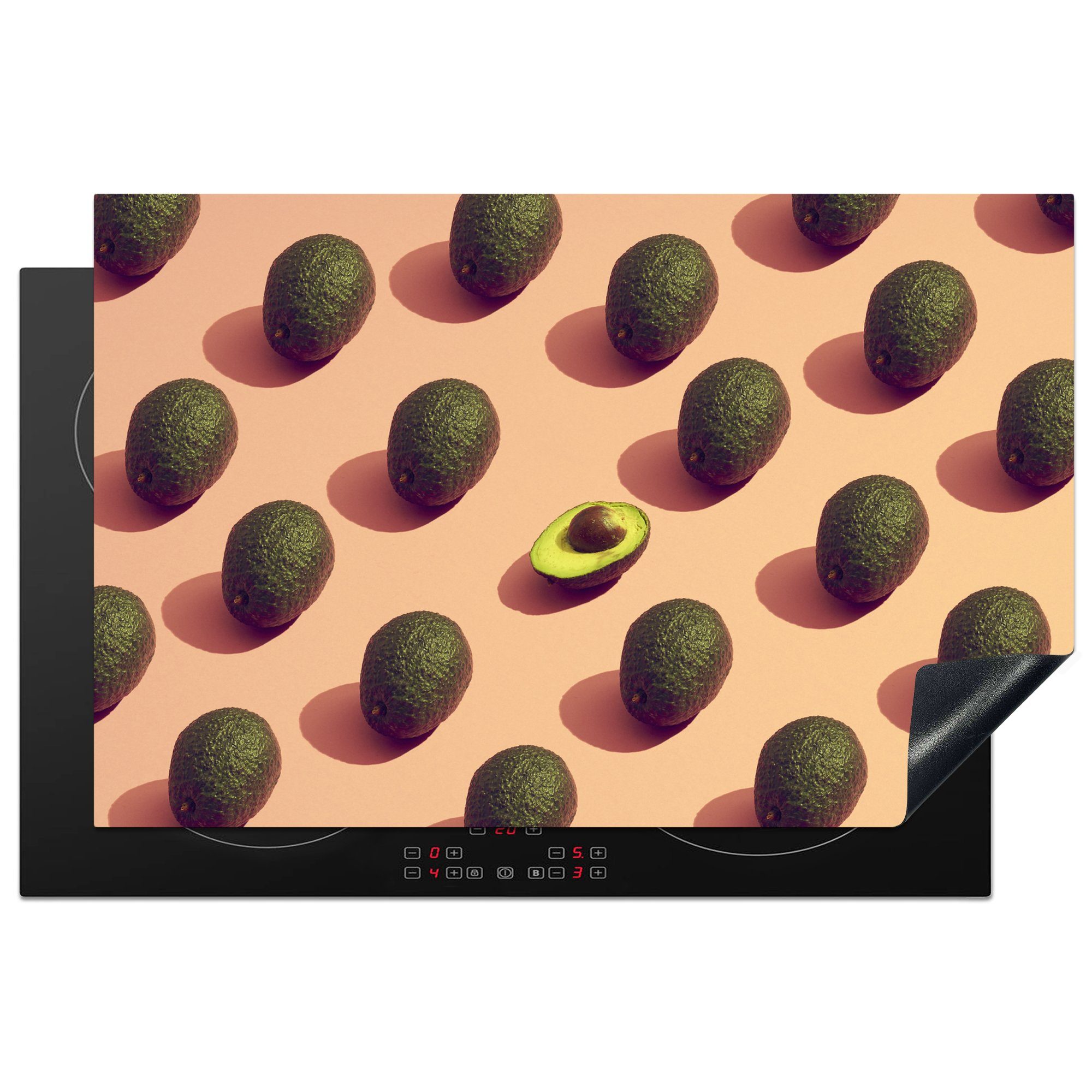 MuchoWow Herdblende-/Abdeckplatte Muster von Avocados auf einem Pfirsich-Hintergrund, Vinyl, (1 tlg), 81x52 cm, Induktionskochfeld Schutz für die küche, Ceranfeldabdeckung