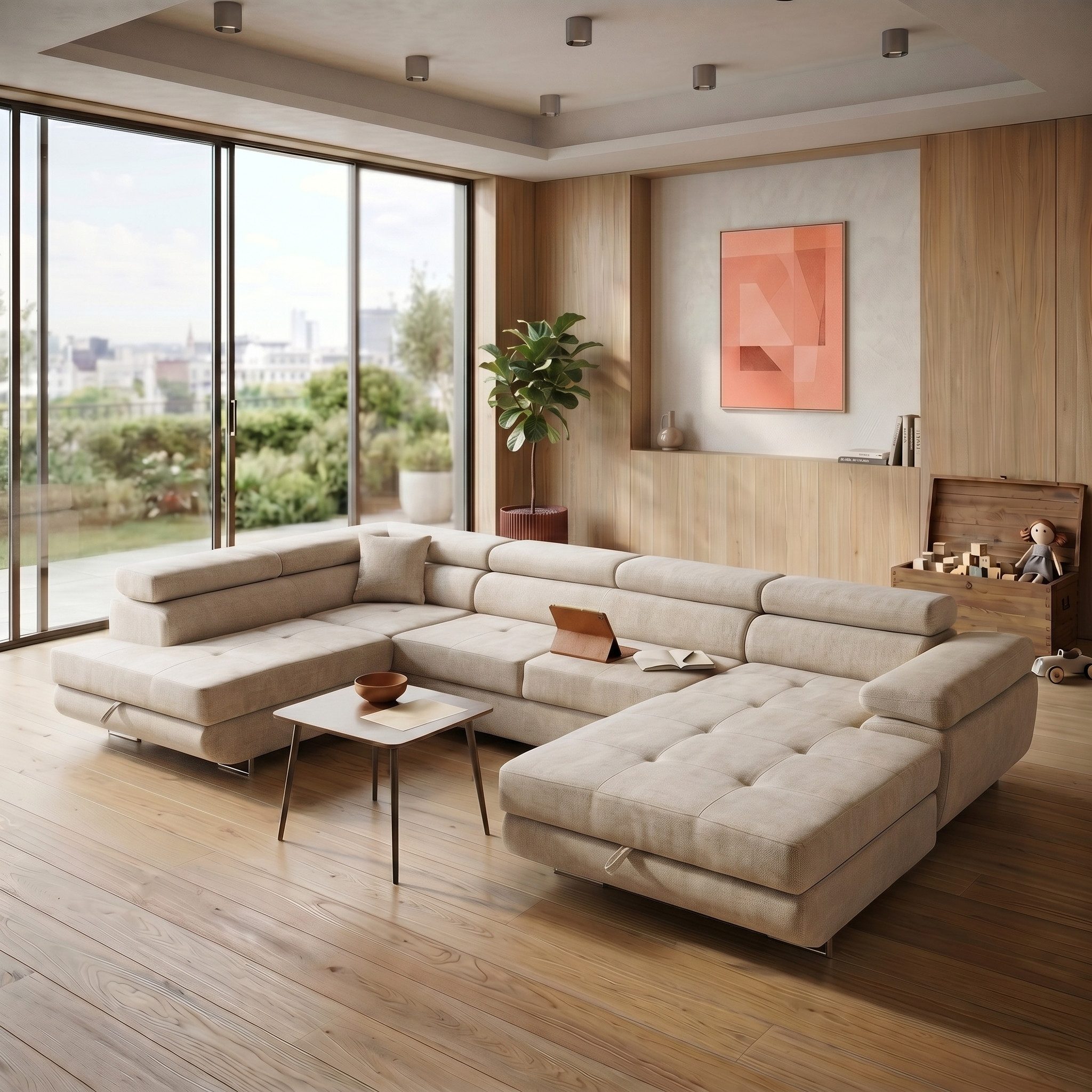 Muffo Ecksofa WILD U, Verstellbare Kopfstützen, elegante Metallbeine, 2 Bettzeugkasten, gelegentliche Schlaffunktion