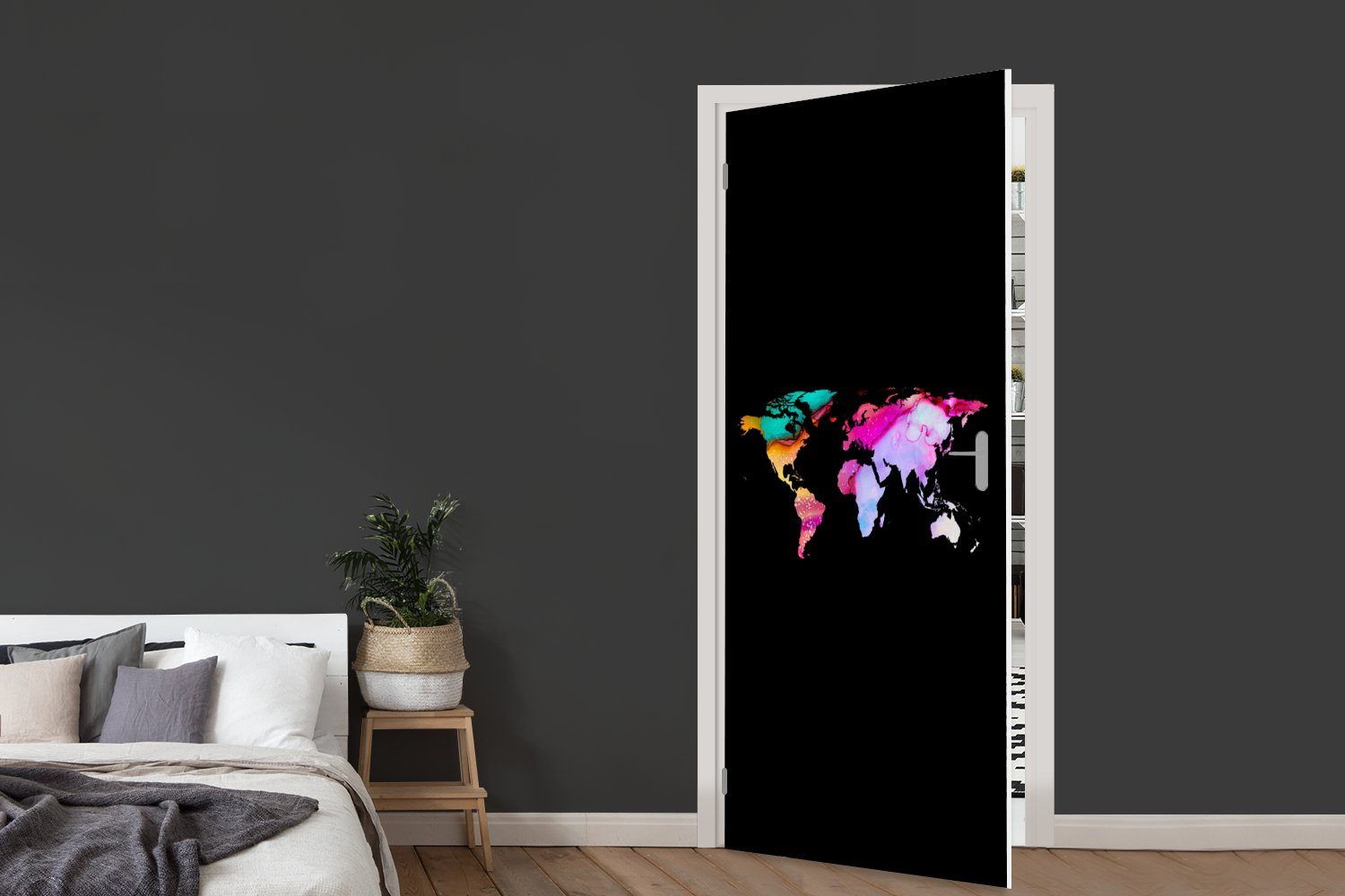 Tür, Farbe Türtapete MuchoWow Aquarell, - Türaufkleber, bedruckt, 75x205 St), - cm (1 für Matt, Weltkarte Fototapete
