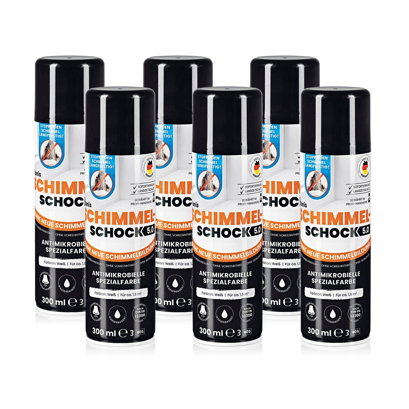 Tonis SCHIMMELSCHOCK Sprühfarbe 5.0 AntiSchimmel Spezialfarbe, 6x 300 ml, stoppt Schimmel