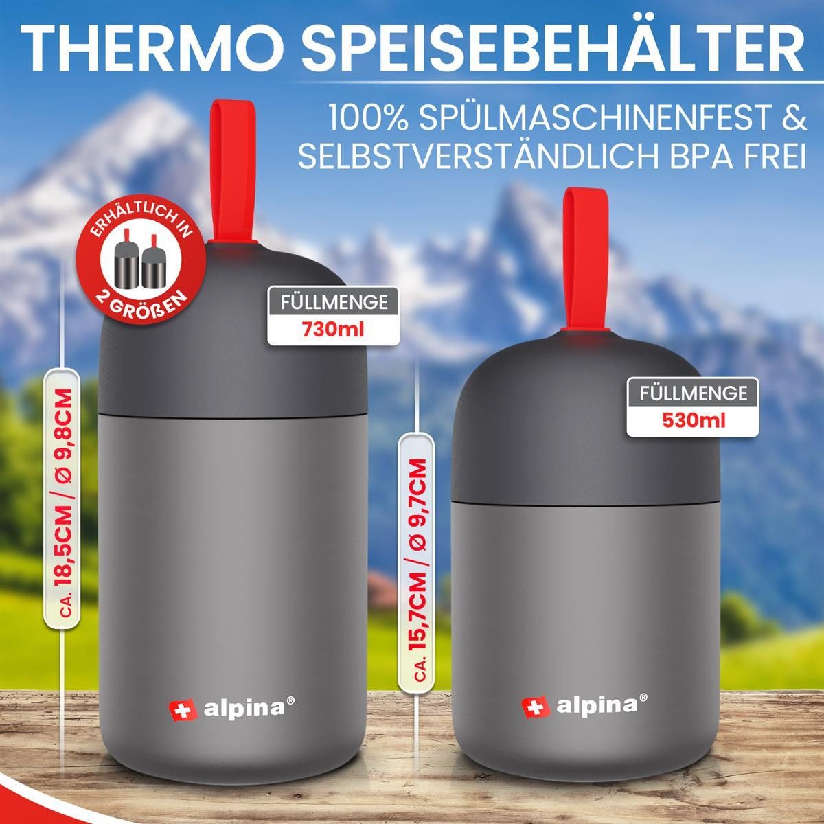 Alpina Thermobecher Thermobehälter Thermo Becher Essensbehälter Lunchbox 530 ml, Edelstahl, mit Druckausgleich und faltbarem Löffel hält extra lange warm/kalt – Bild 3 von 5
