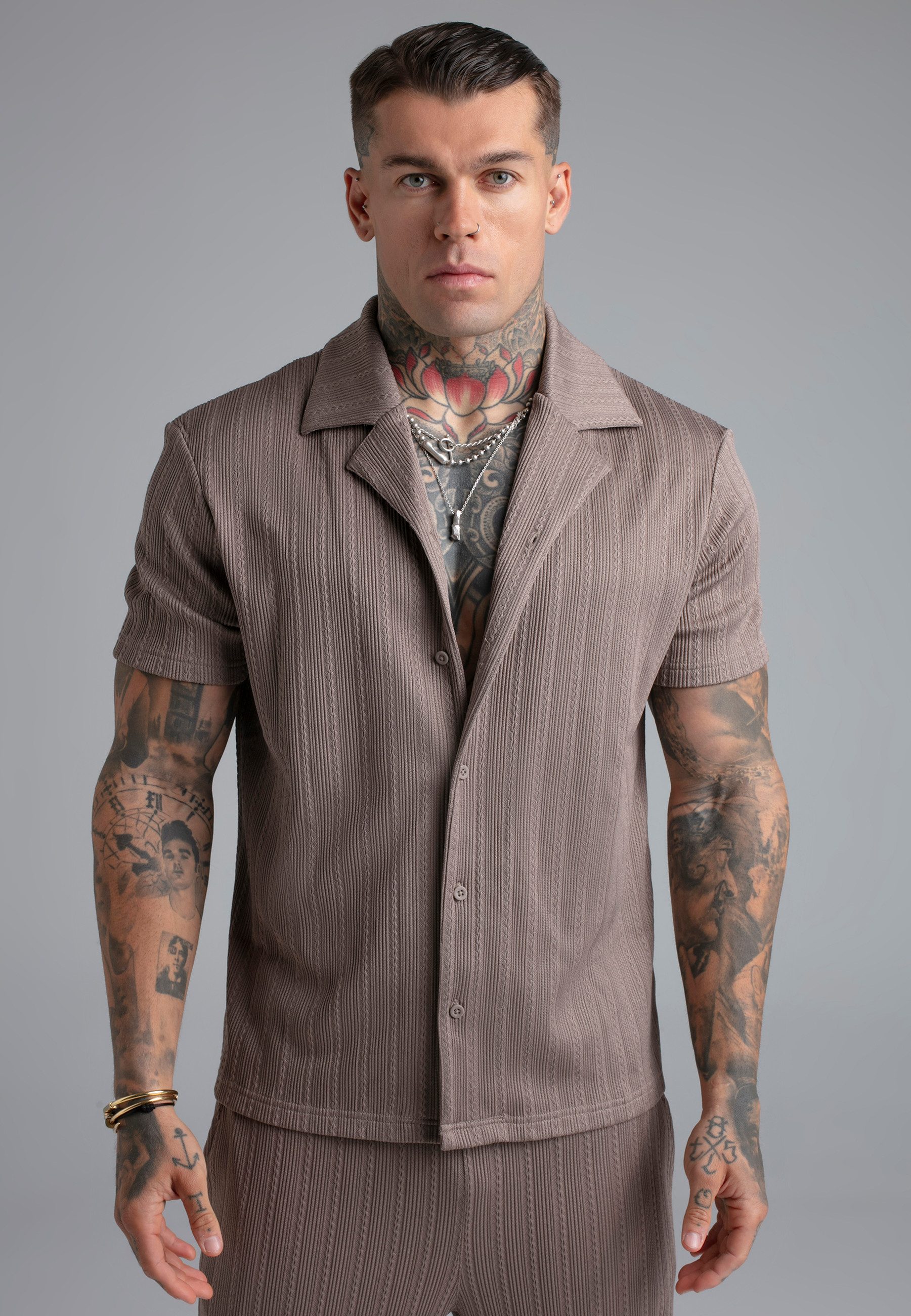 Siksilk Kurzarmhemd SikSilk Herren Braun Textured Shirt