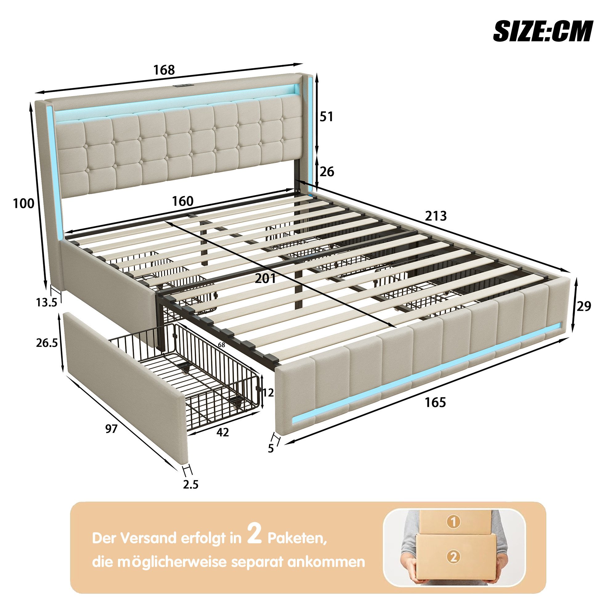 Simurq Polsterbett Stauraumbett Doppelbett mit LED Beleuchtung und Ladefunktion (Mit Komforthöhe Lattenrost, Leises Design Bett), Jugendbett 4 Schubladen Staura – Bild 5 von 5