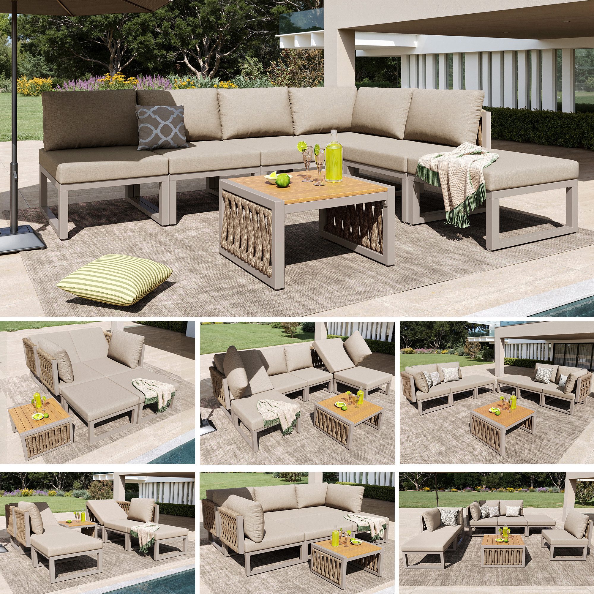 Flieks Gartenlounge-Set, 6-Sitzer Gartenmöbel mit verstellbarem Rückenlehnenwinkel, frei ordnen