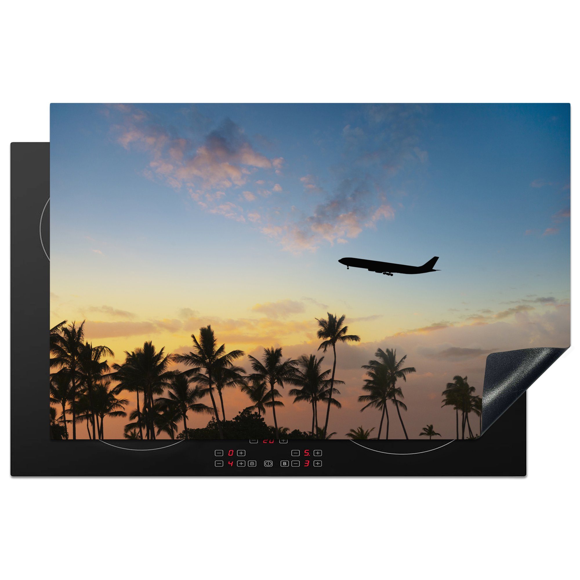 MuchoWow Herdblende-/Abdeckplatte Silhouette eines Flugzeugs über den Palmen, Vinyl, (1 tlg), 81x52 cm, Induktionskochfeld Schutz für die küche, Ceranfeldabdeckung