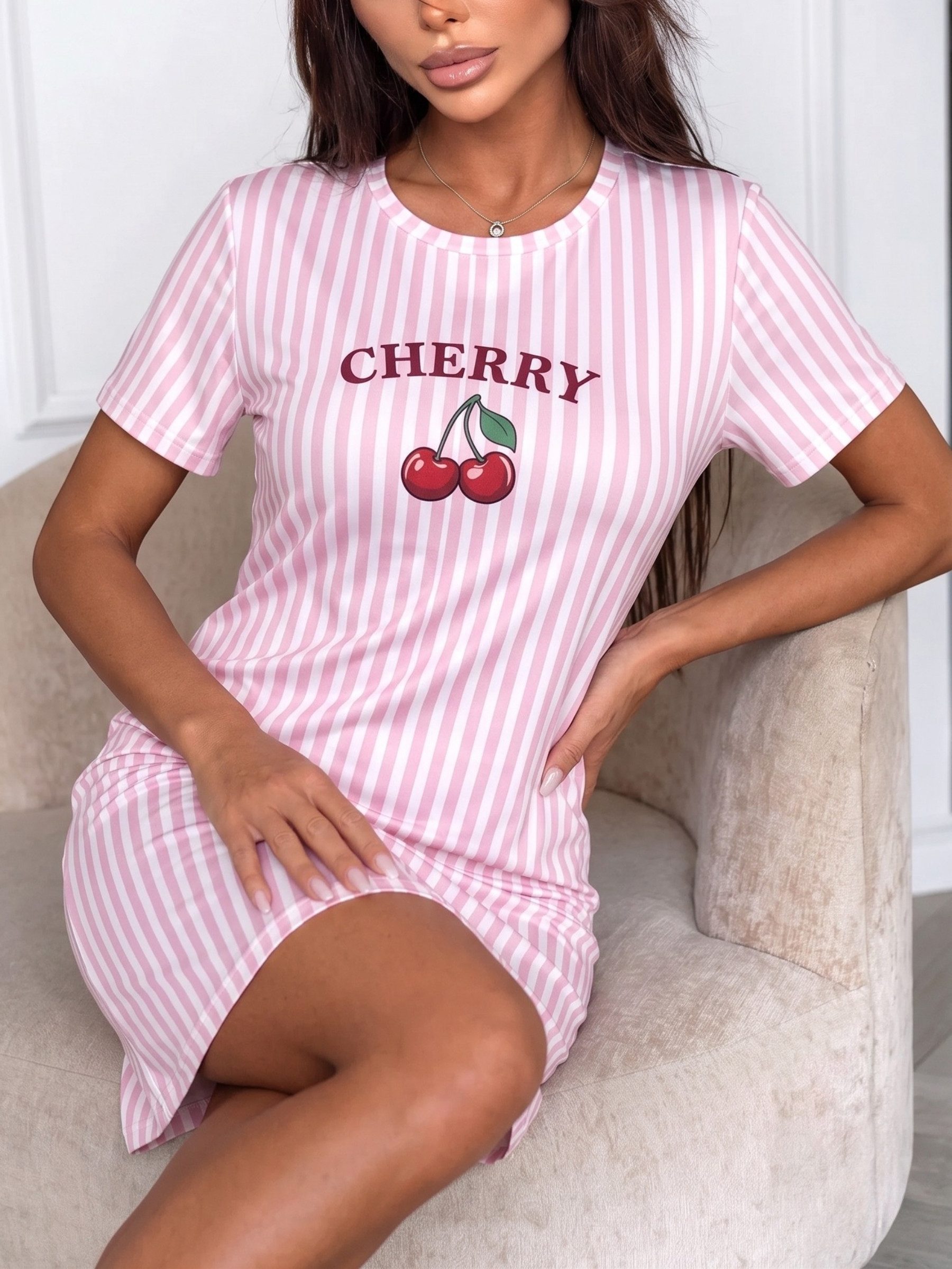 Elegant Love Nachthemd Nachtwäsche mit Buchstabenprint – Bequeme Damen-Schlafbekleidung Leichte Loungewear mit Streifendesign & Kirschprint, Sommer-Schlafmode