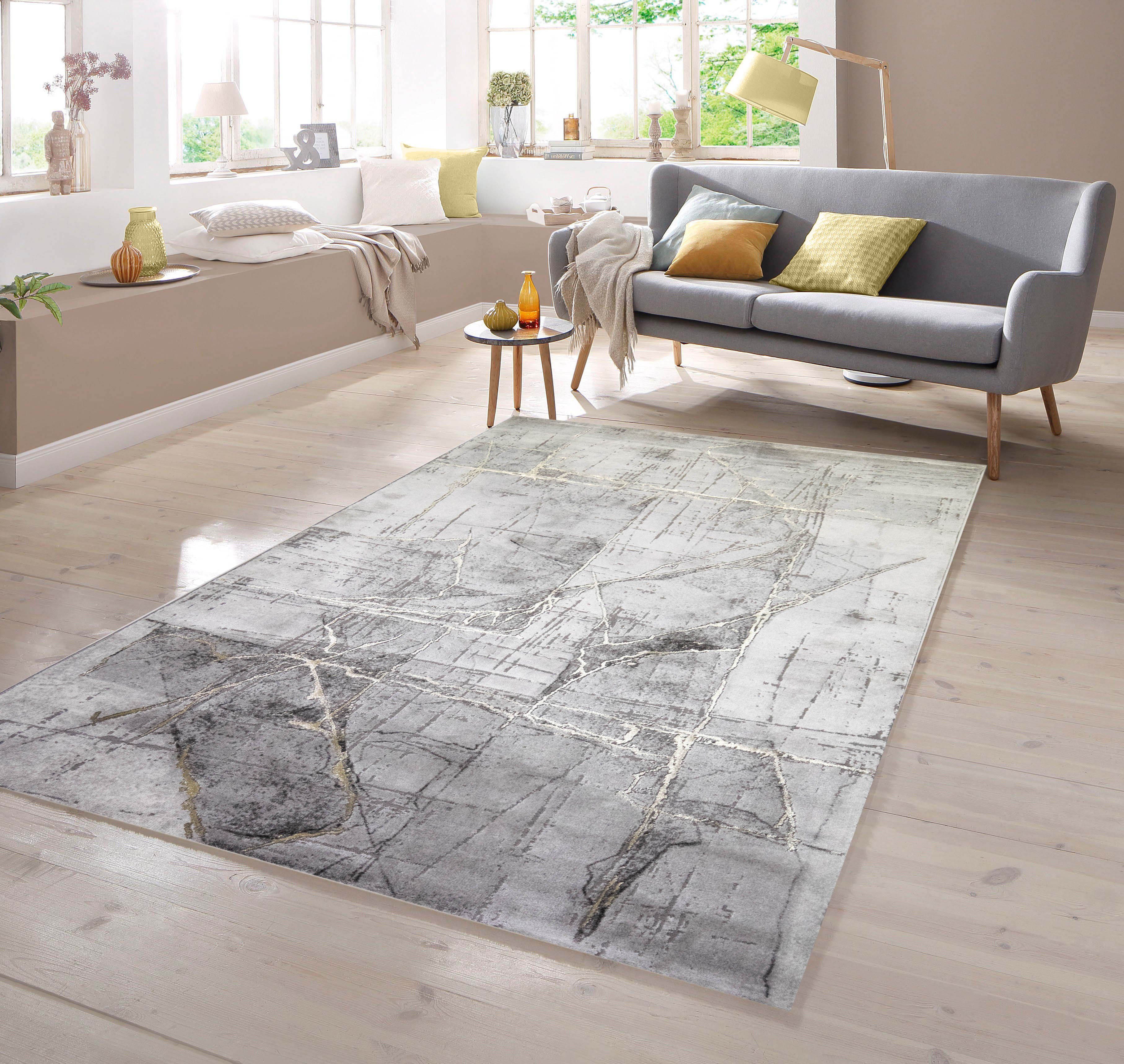 Teppich Wohnzimmerteppich abstrakt in grau creme gold, rechteckig