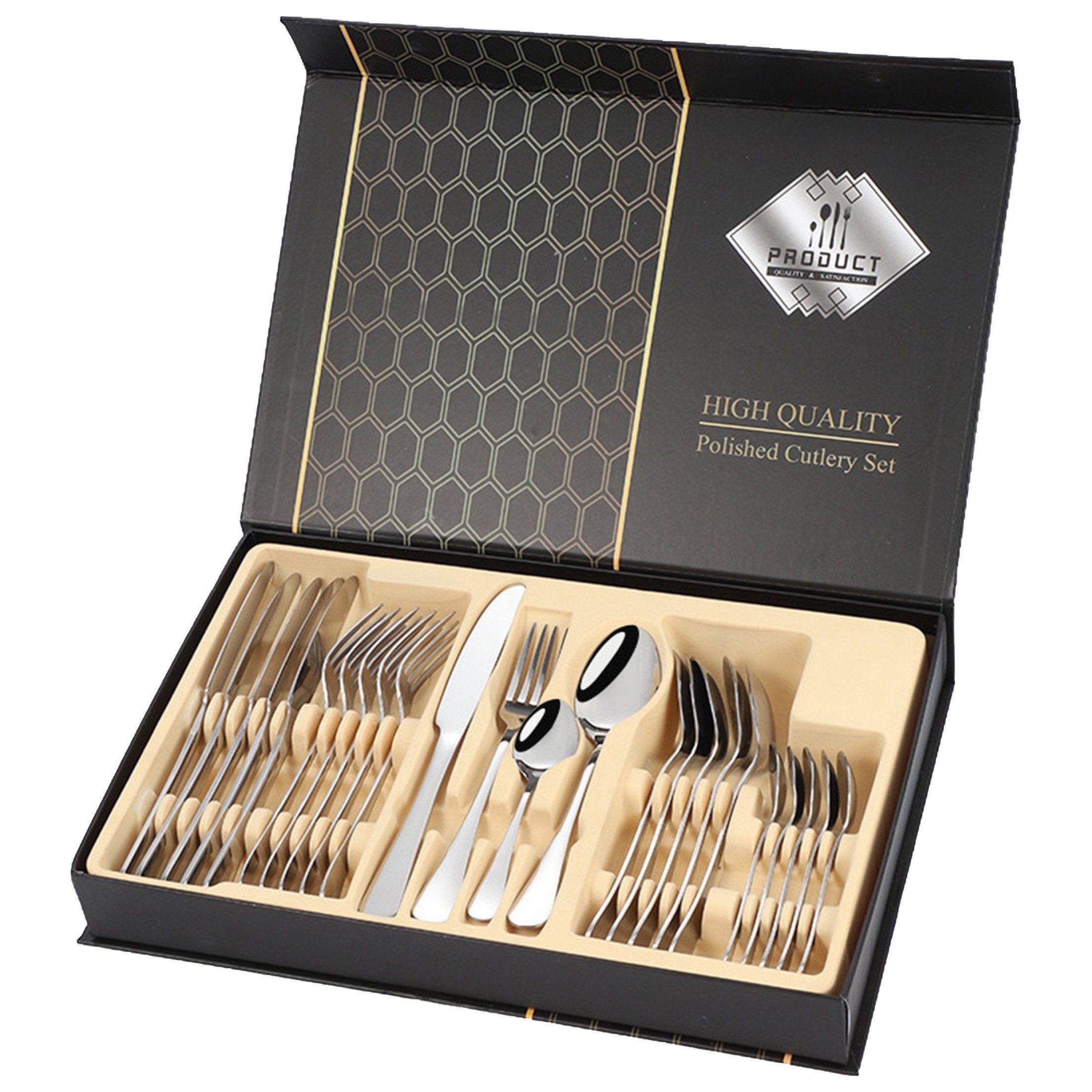 Kühier Besteck-Set Tafelgeschirr Edelstahlbesteck Messer Gabel und Löffel 24-teiliges Set, 6 Personen, Edelstahl, Leicht zu reinigen