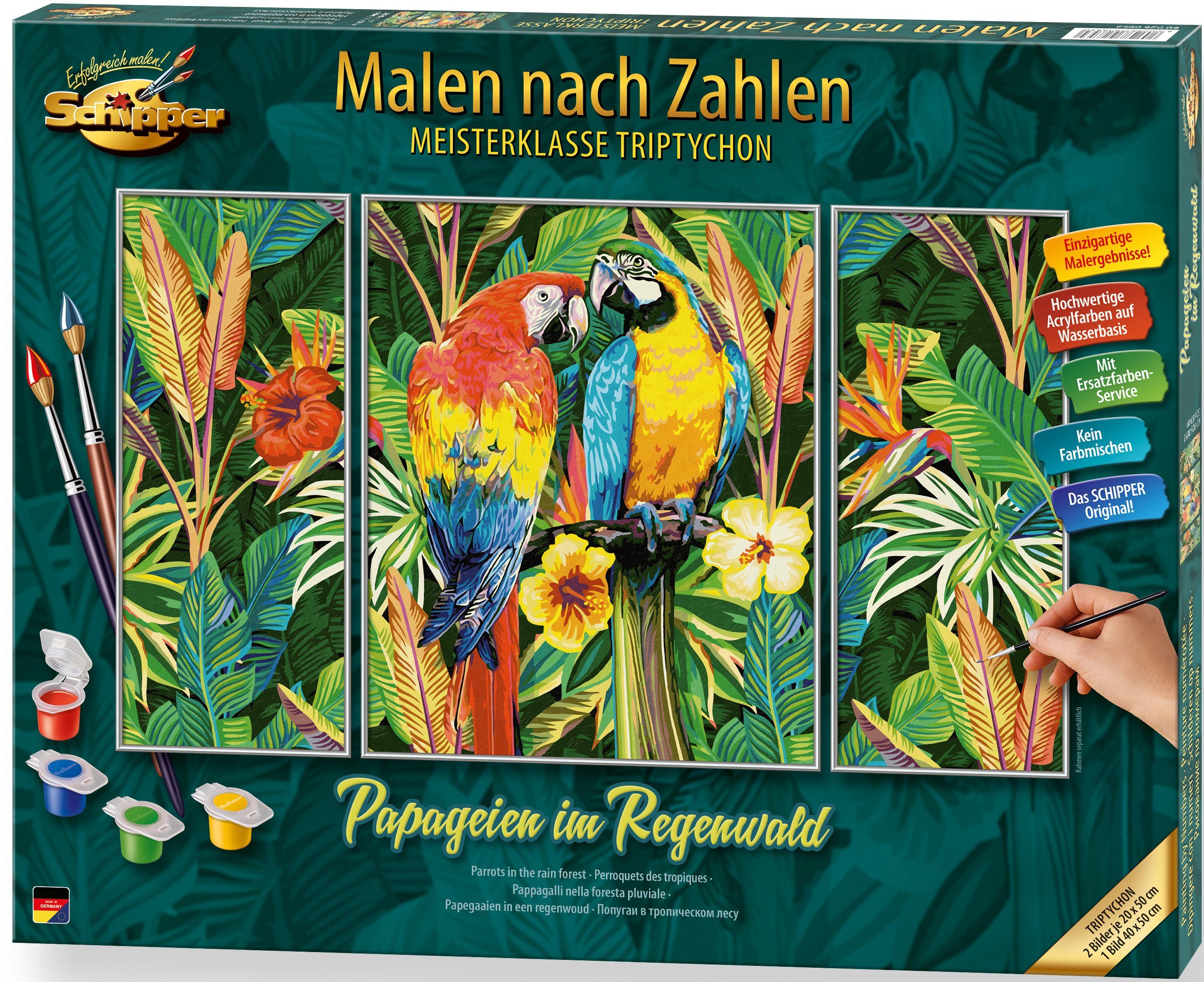 Schipper Malen nach Zahlen Meisterklasse Triptychon - Papageien im Regenwald, Made in Germany