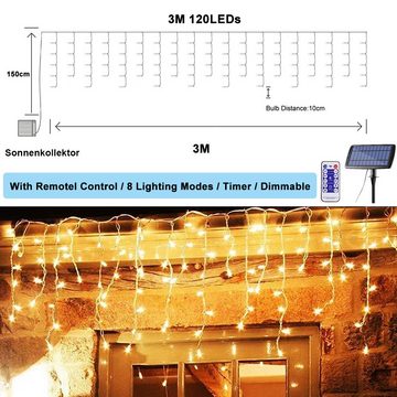 Sunicol LED-Lichterkette Wasserdicht, 8 Modi, Solar-Vorhang Lichter mit Timer-Fernbedienung, für Gärten Hinterhof Patio Landschaft