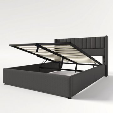 OKWISH Polsterbett Stauraumbett Doppelbett (140x200cm Grau Leinen ohne Matratze), Bett mit Lattenrost aus Metallrahmen, Lattenrost aus Holz