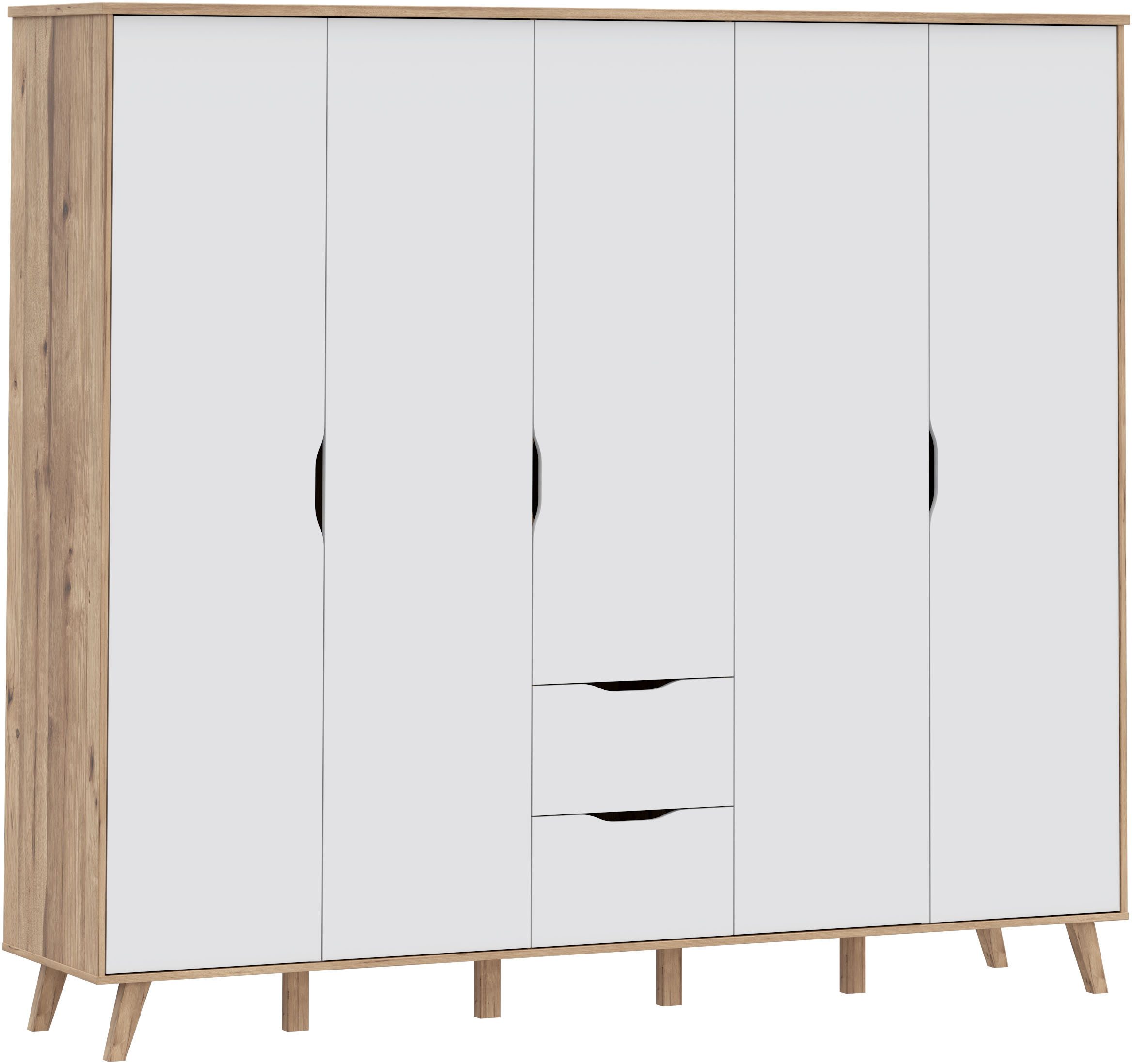 FORTE Kleiderschrank Vankka, Drehtürenschrank, Viel Stauraum, skandinavischer Stil Made in Europe, mit Einlegeböden+Kleiderstangen+Schubladen,grifflos