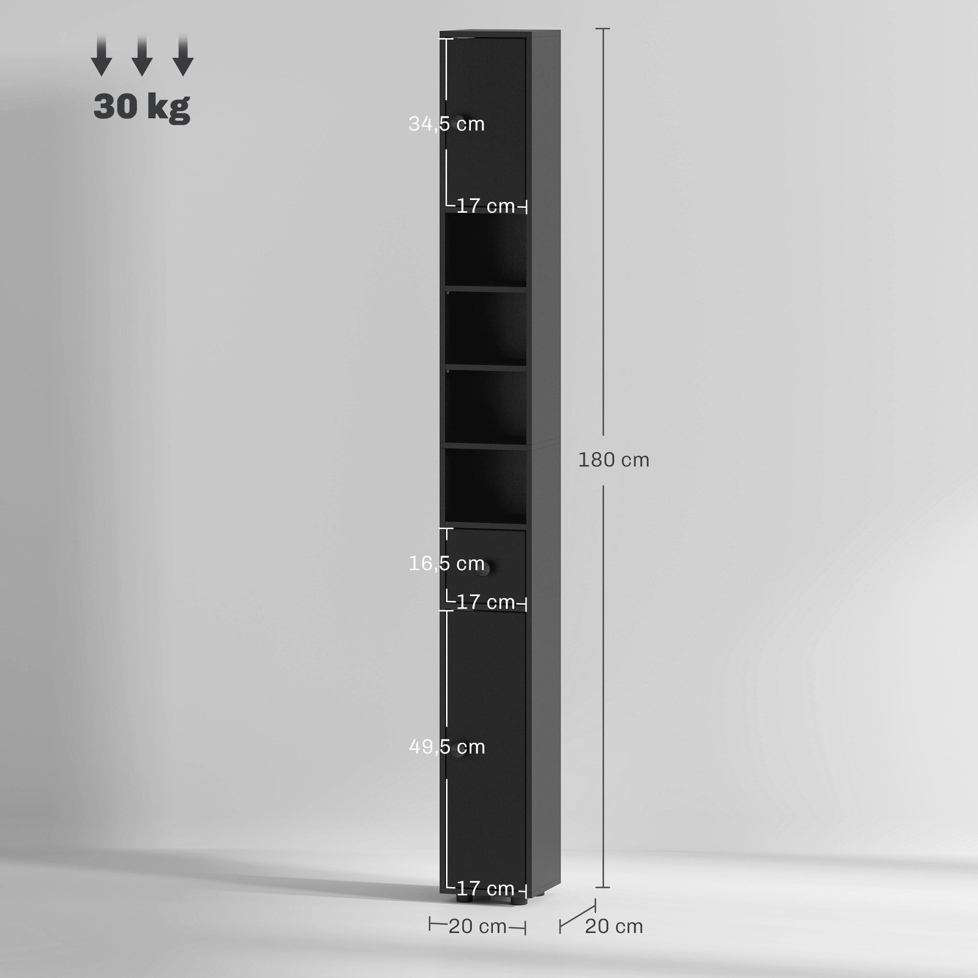 Kleankin Badkommode Hochschrank Toilettenschrank (schmaler Badezimmer-Aufbewahrungsschrank, 1 St., mit Schublade, verstellbaren Regalen), 20 x 20 x 180 cm, Schw – Bild 3 von 5
