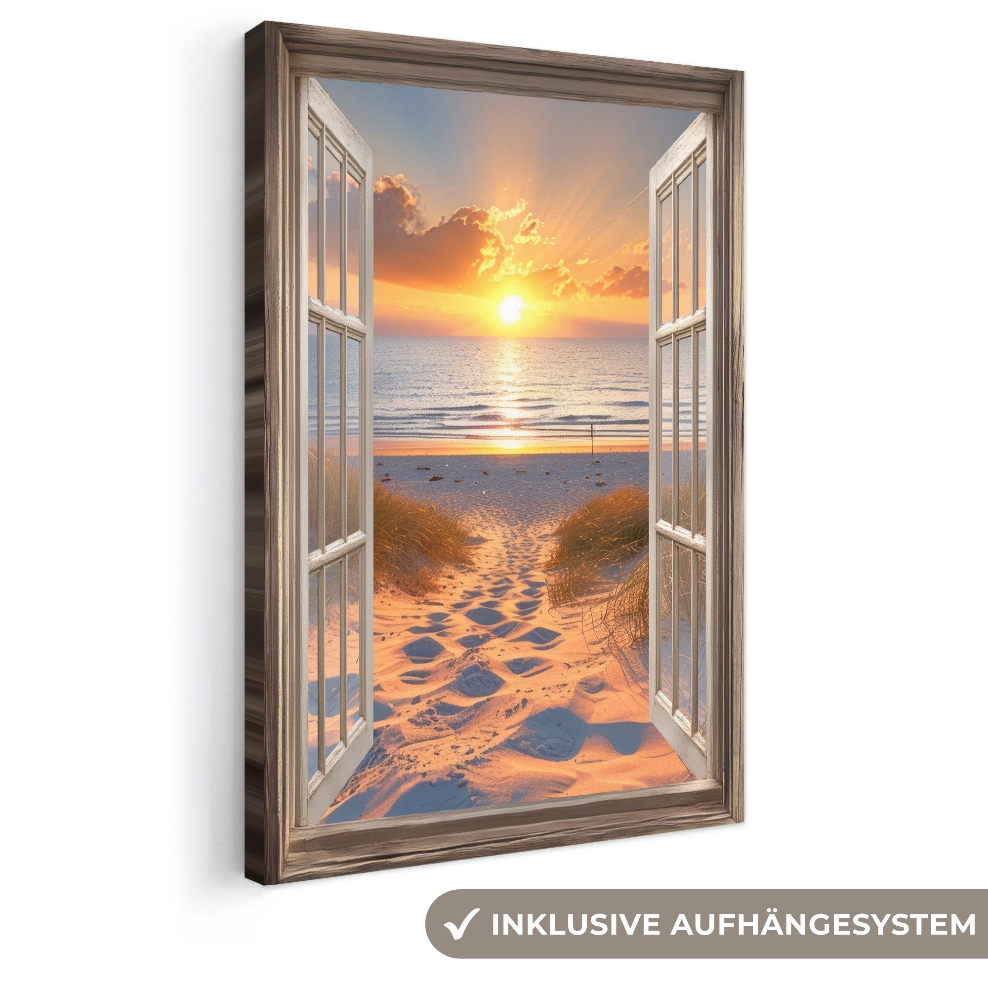 OneMillionCanvasses® Leinwandbild Durchblick - Strand - Dünen - Sonnenuntergang, Fotodruck (1 St), Leinwand Canvas Wandbild, Wanddekoration 20x30 cm