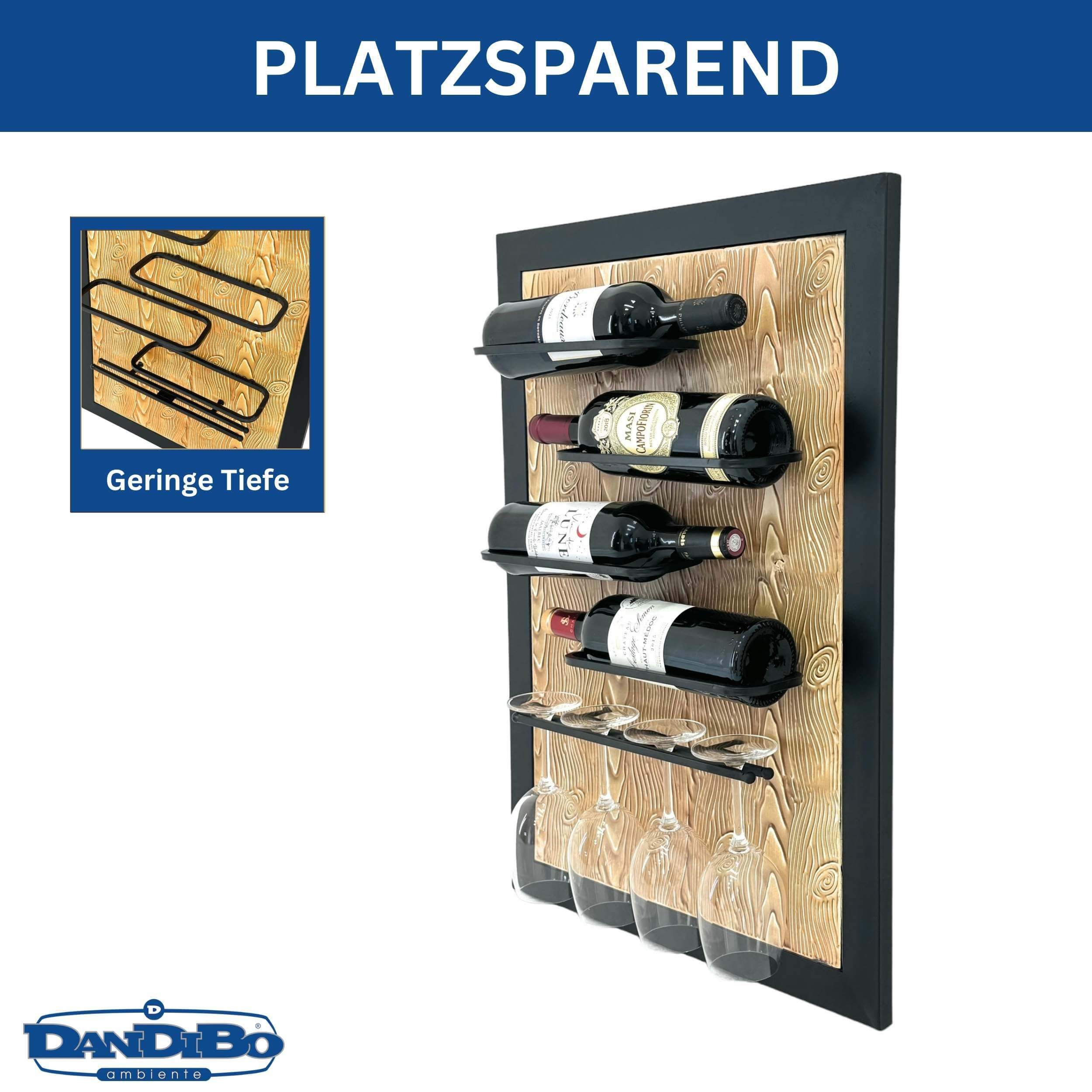 DanDiBo Weinregal Wand Metall Schwarz 4 Flaschen mit Glashalter 96617 Weinhalter, 4 Ablagen, 4 Glashalter – Bild 5 von 5