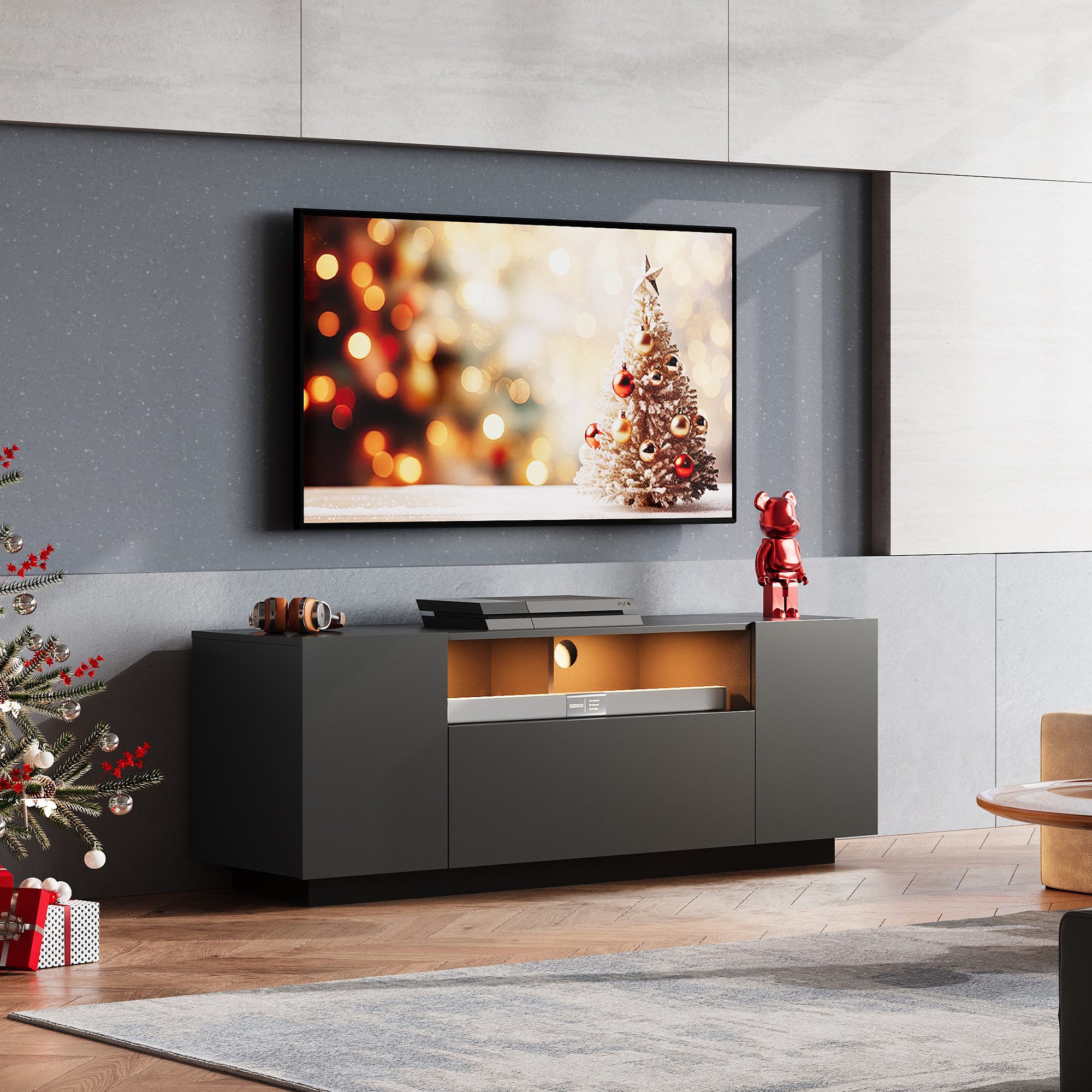 WLIVE TV-Schrank TV-Lowboard mit RGB-LED-Beleuchtung & Soft-Close, 122/170 × 36 × 45 cm (TV Board mit Schränken und 2 Freiflächen, großer Stauraum) Fernsehschrank mit Klapptür, Schwarz