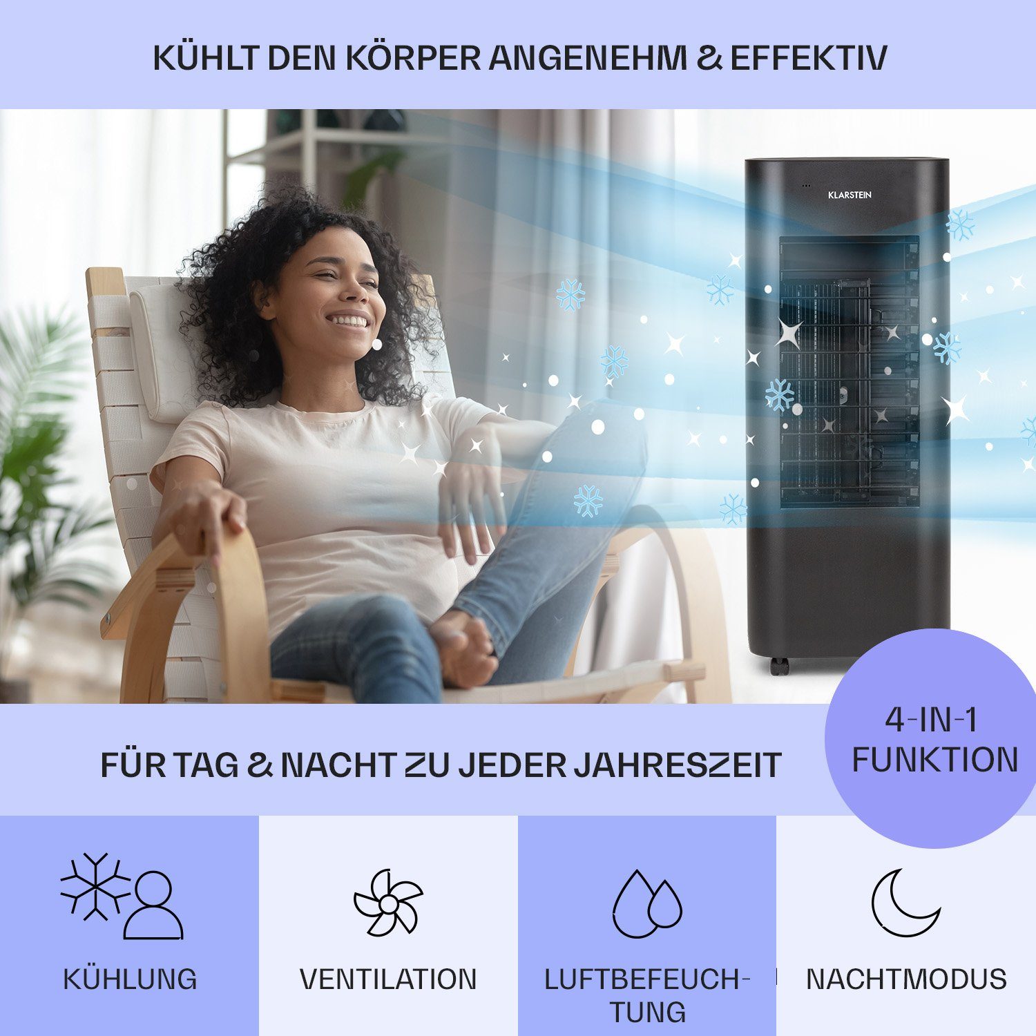 Wasserkühlung Ventilatorkombigerät ohne Luftkühler, IceWind & Eis Klimagerät Klarstein 3-in-1 Abluftschlauch Max Schwarz mit mobil