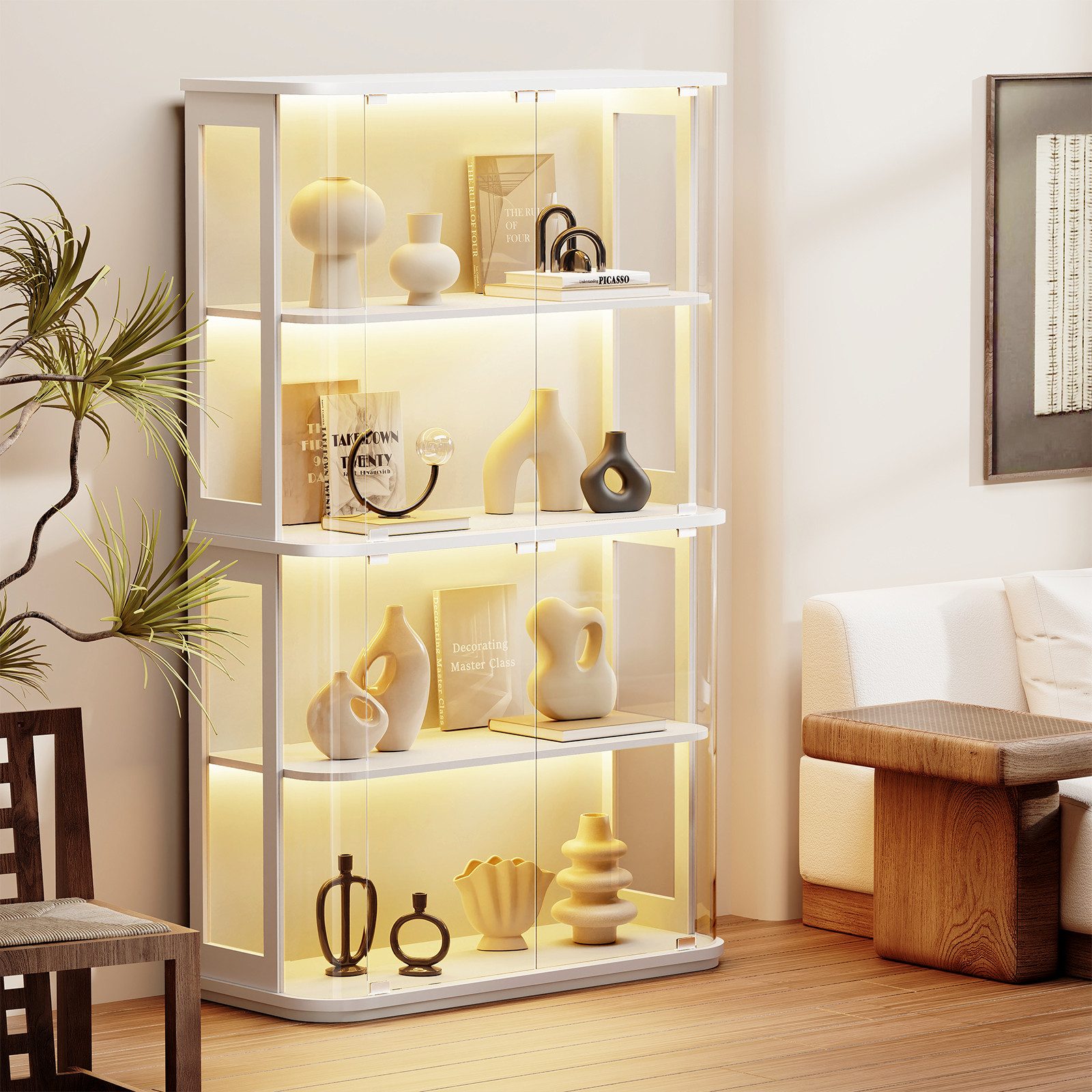 BROTTAR Standvitrine Große, runde Vitrine mit dreifarbiger Beleuchtung & Bewegungssensoren (1-St) mit zwei Acryl-Seitentüren und vier Regalböden