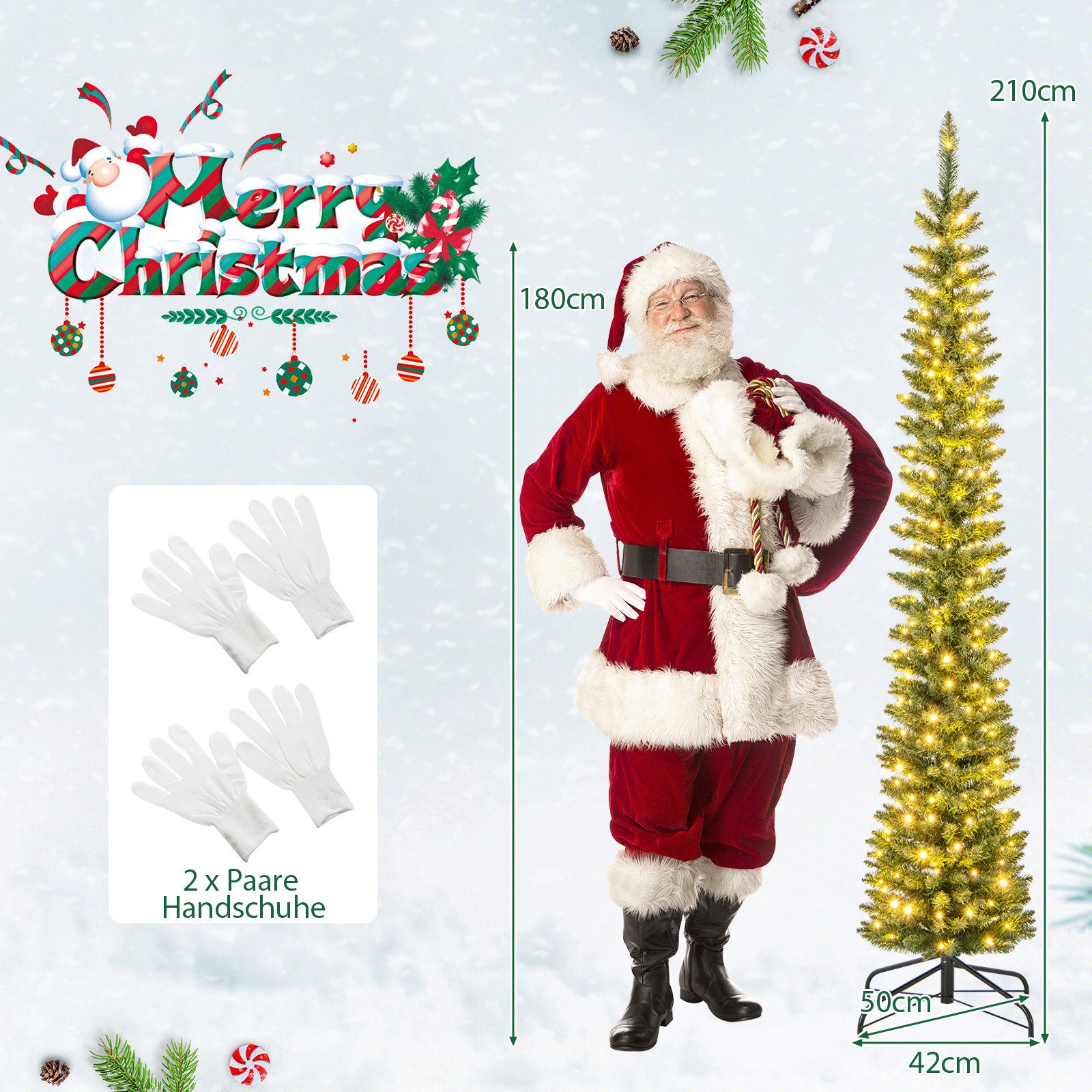 COSTWAY Künstlicher Weihnachtsbaum, Bleistift, 210cm, 180 LEDs, 499 Spitzen
