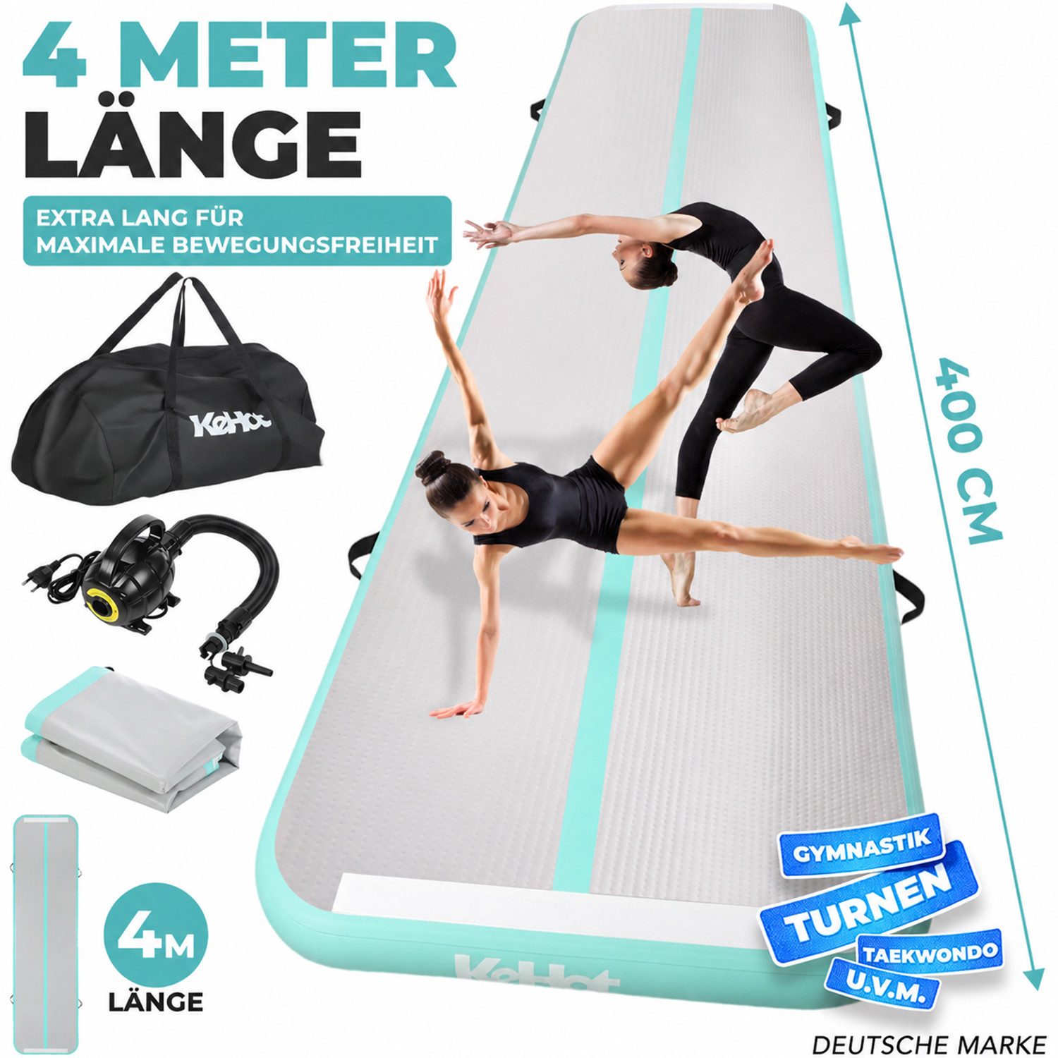 kehot Gymnastikmatte 4 Meter Gymnastikmatte für Zuhause,Training rutschfest strapazierfähig (10 cm dicke Polsterung für Yoga, Gymnastik und Fitnessübungen, Inkl. 600 W Elektropumpe für schnelles Aufpumpen & einfache Lagerung), Tragetasche, Reparaturset und Zubehör für vielseitigen Einsatz
