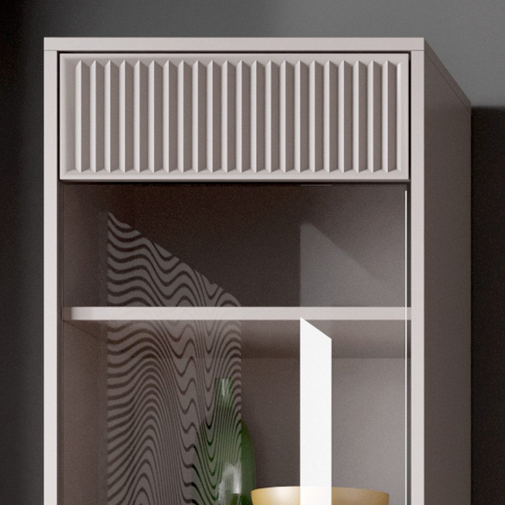 Lomadox Vitrine LAURO-161 Vitrinenschrank Wohnzimmer Kaschmir beige Rillen B/H/T 55/196/41 cm