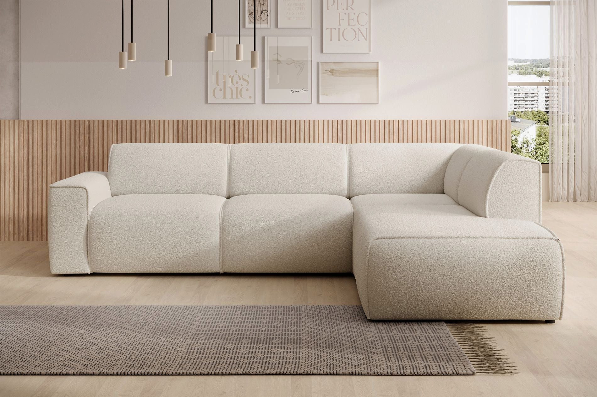 Selsey Ecksofa BOUVI, Ecksofa mit Rückenlehne an der Ottomane, Bouclé, 292 cm