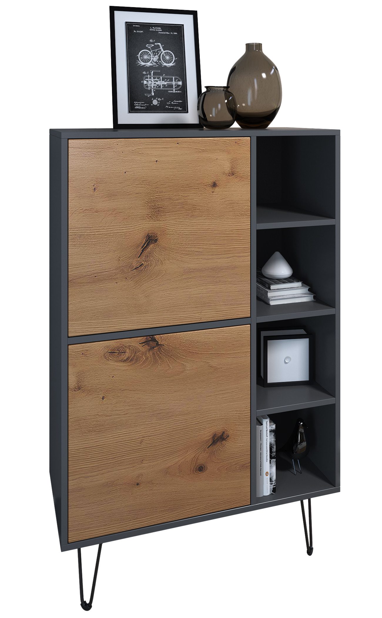 Vladon Sideboard Havana V1 (Schrank mit 2 Türen und 4 offene Fächer, Kommode Made in Germany), Anthrazit matt / Anthrazit matt (124 x 79 x 35 cm)