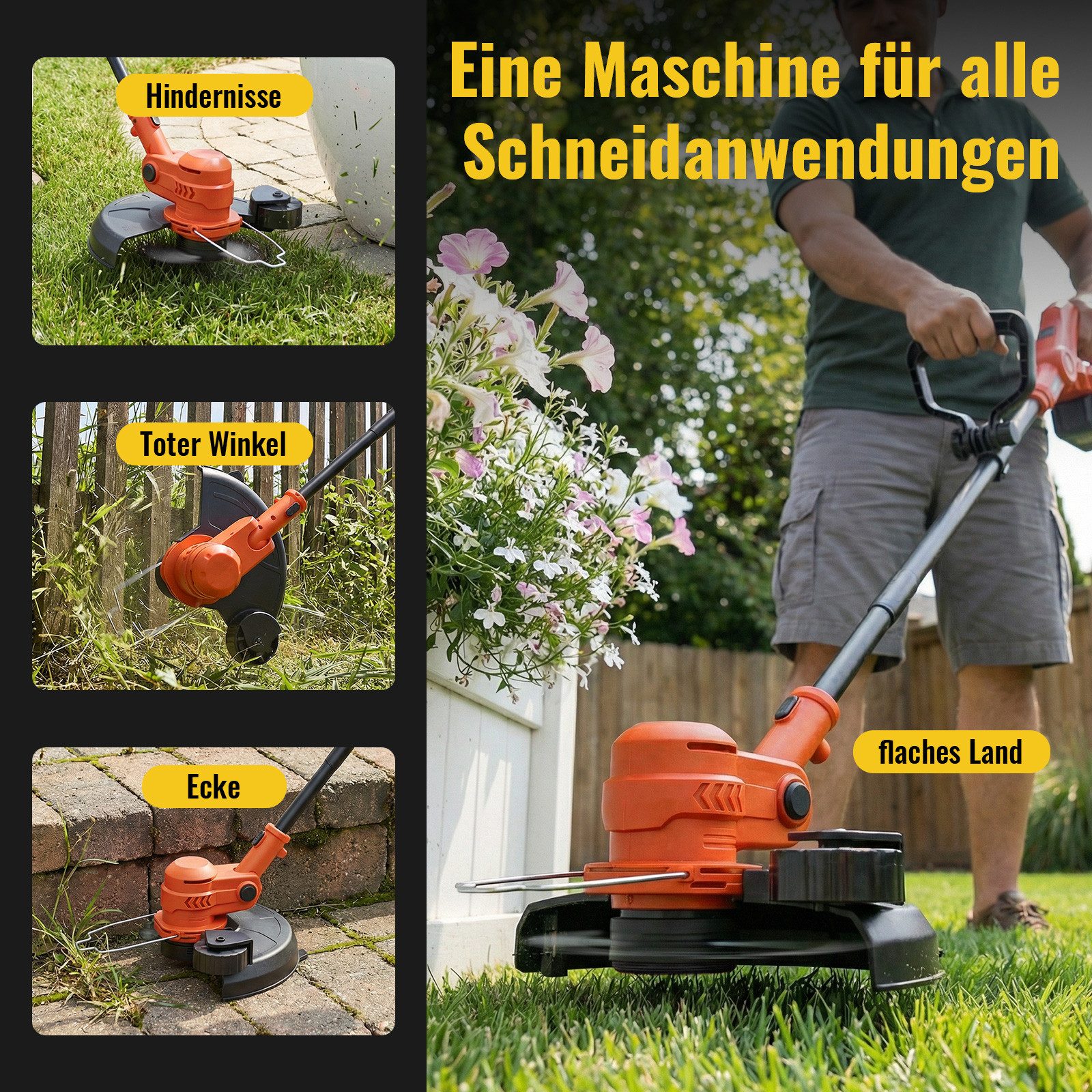 CONENTOOL Akku-Rasentrimmer 30cm Arbeitsbreite, 2-in-1 Kanten-Trimmfunktion, 21V 2×4,0Ah Akku, 30 cm Arbeitsbreite Faden, (inkl. 5 Fadenspulen), LED-Anzeige & Hilfsrad