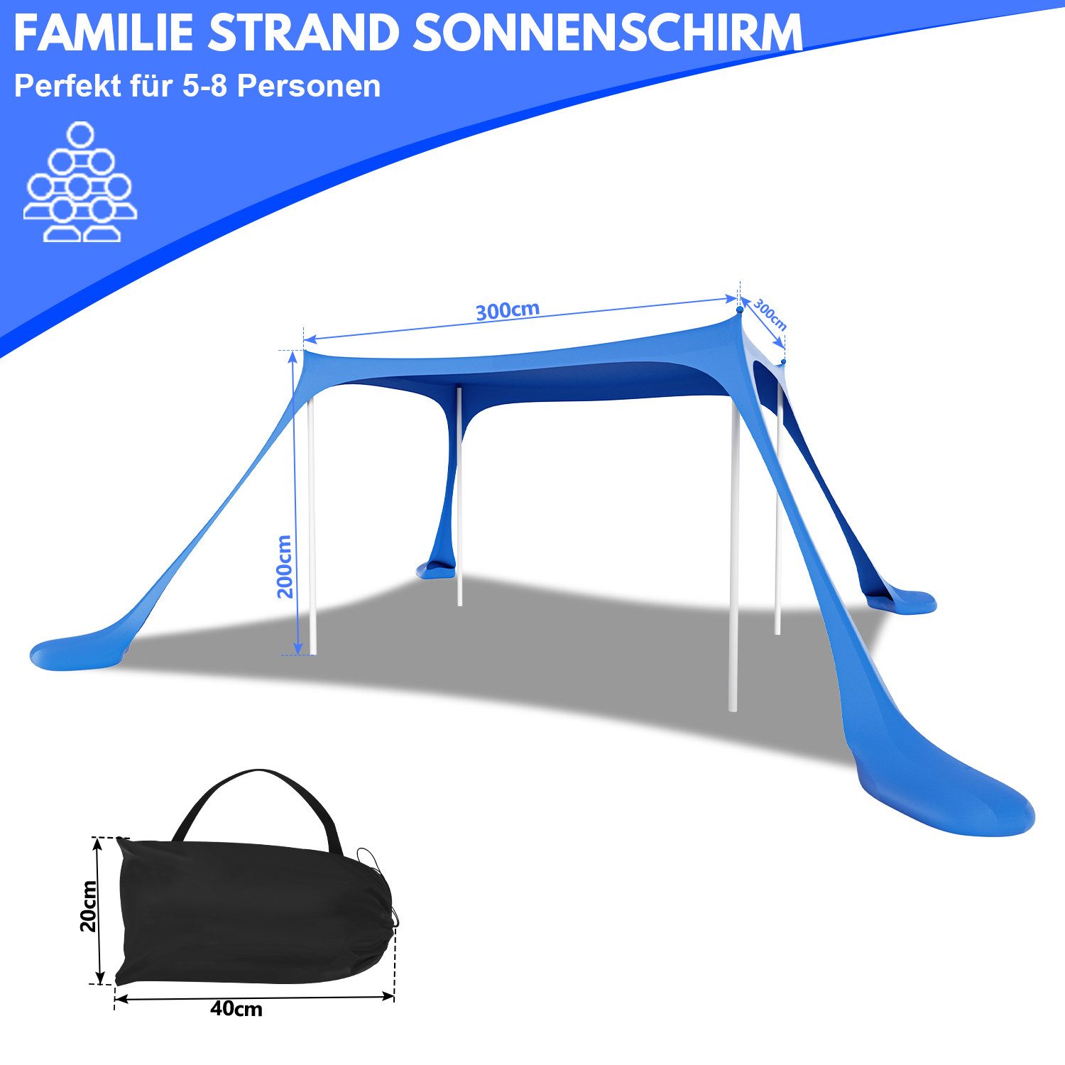 Clanmacy Strandmuschel Strandmuschel Strandzelt 3x3m Sonnensegel UV50+ mit Alu-Stangen