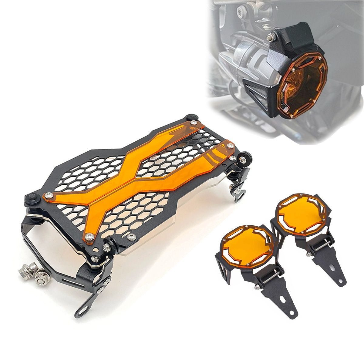 Lumitecs Halter Scheinwerferschutz orange + Scheinwerfergitter passend für BMW R 1200