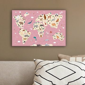 OneMillionCanvasses® Leinwandbild Weltkarte Kinder - Tiere - Erde - Jungen - Mädchen - Rosa, Weltkarte - Rosa (1 St), Wandbild Leinwandbilder, Aufhängefertig, Wanddeko, 30x20 cm